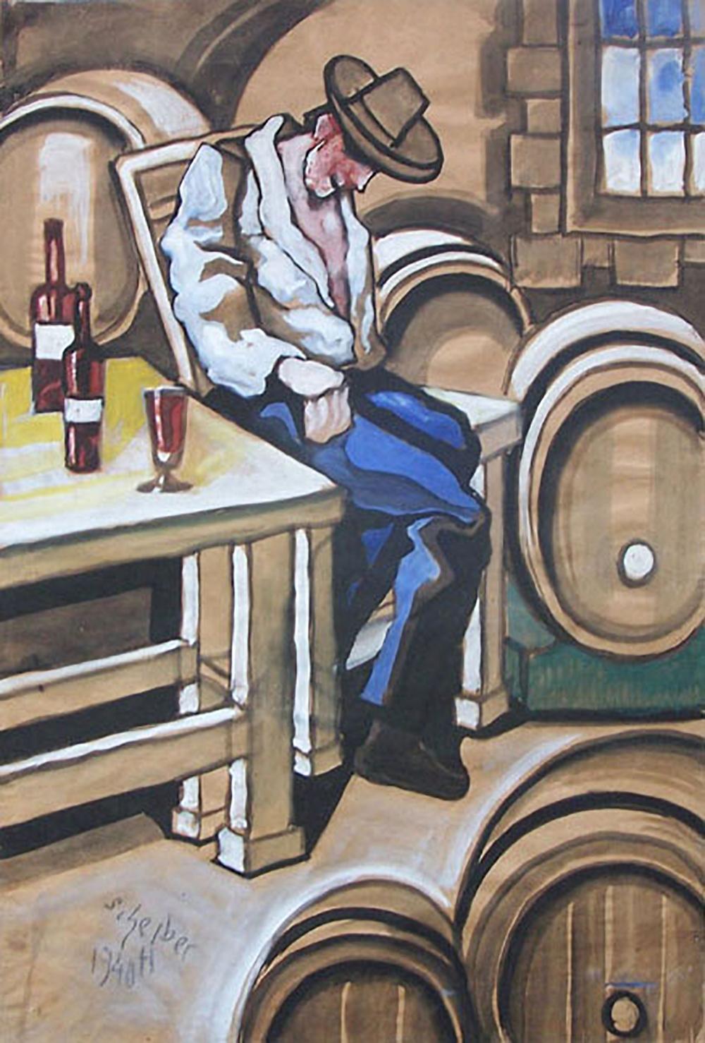 Figurative Painting Hugó Scheiber - À la cave à vins - Art hongrois