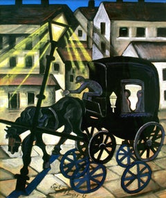 Carriage at Night, dark carriage moving through city at night