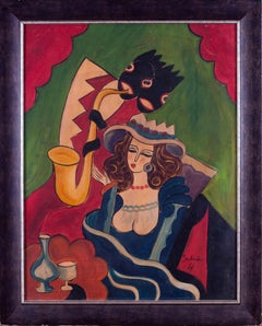 Ölgemälde „Le Cafe Concert“ von Hugo Scheiber aus dem frühen 20. Jahrhundert, rot