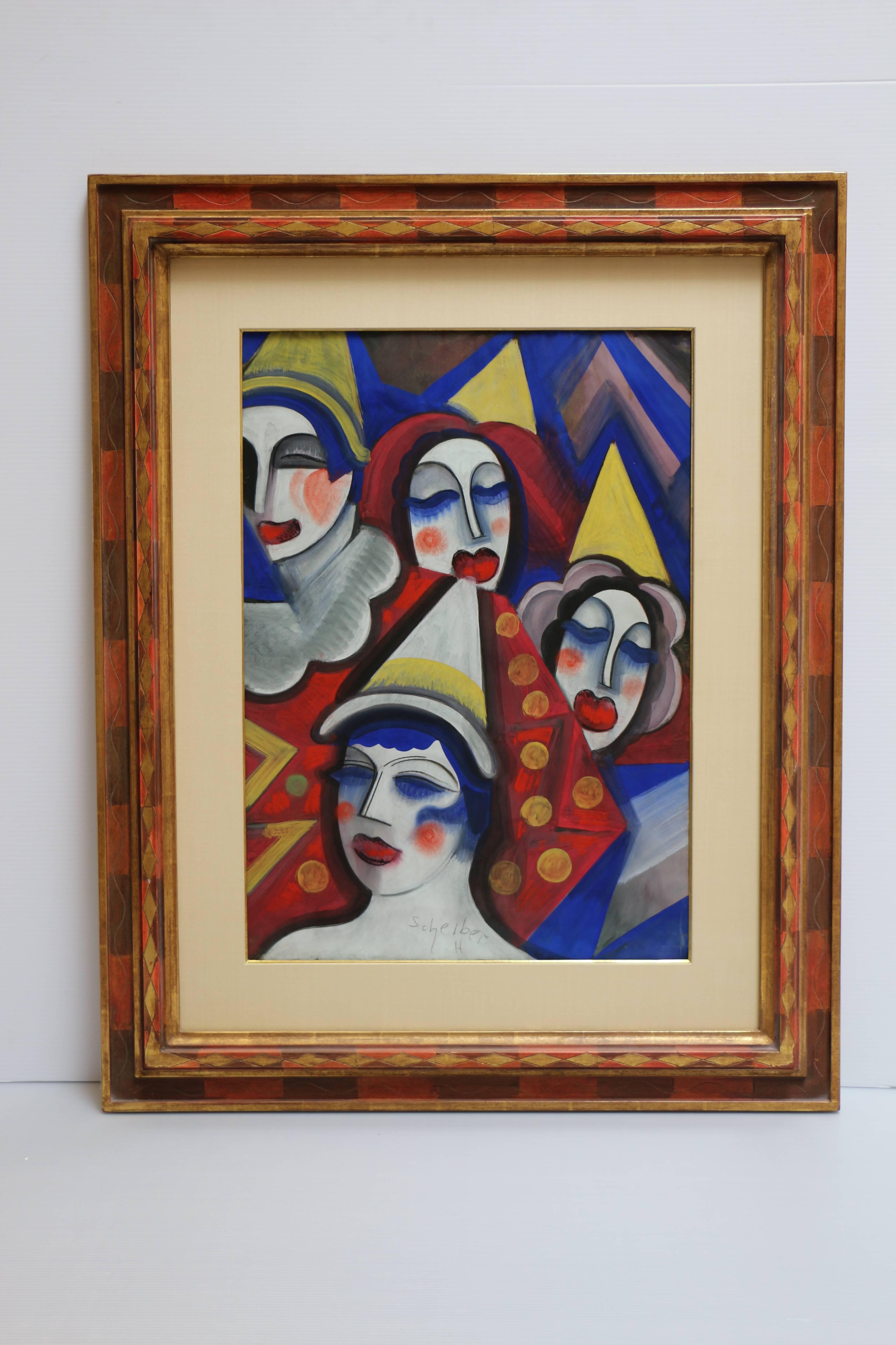 Four Clowns, original tempera on paper portrayal of colorful clowns - Painting by Hugó Scheiber