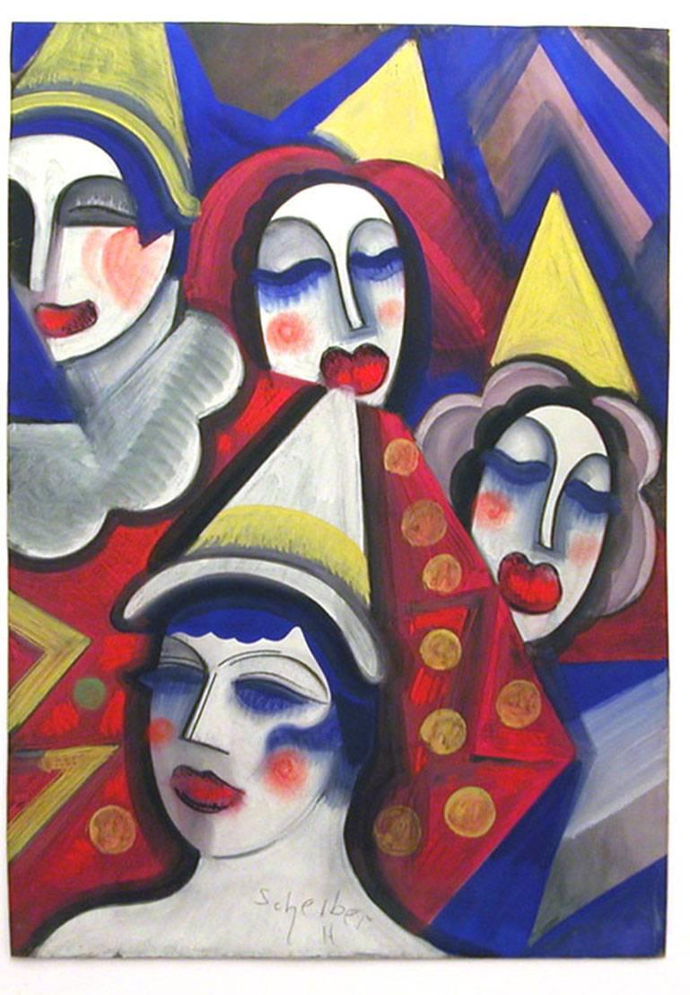 Hugó Scheiber Figurative Painting - Four Clowns, original tempera on paper portrayal of colorful clowns