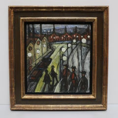 Nocturnal Cityscape, work on paper depicting city at night with people walking