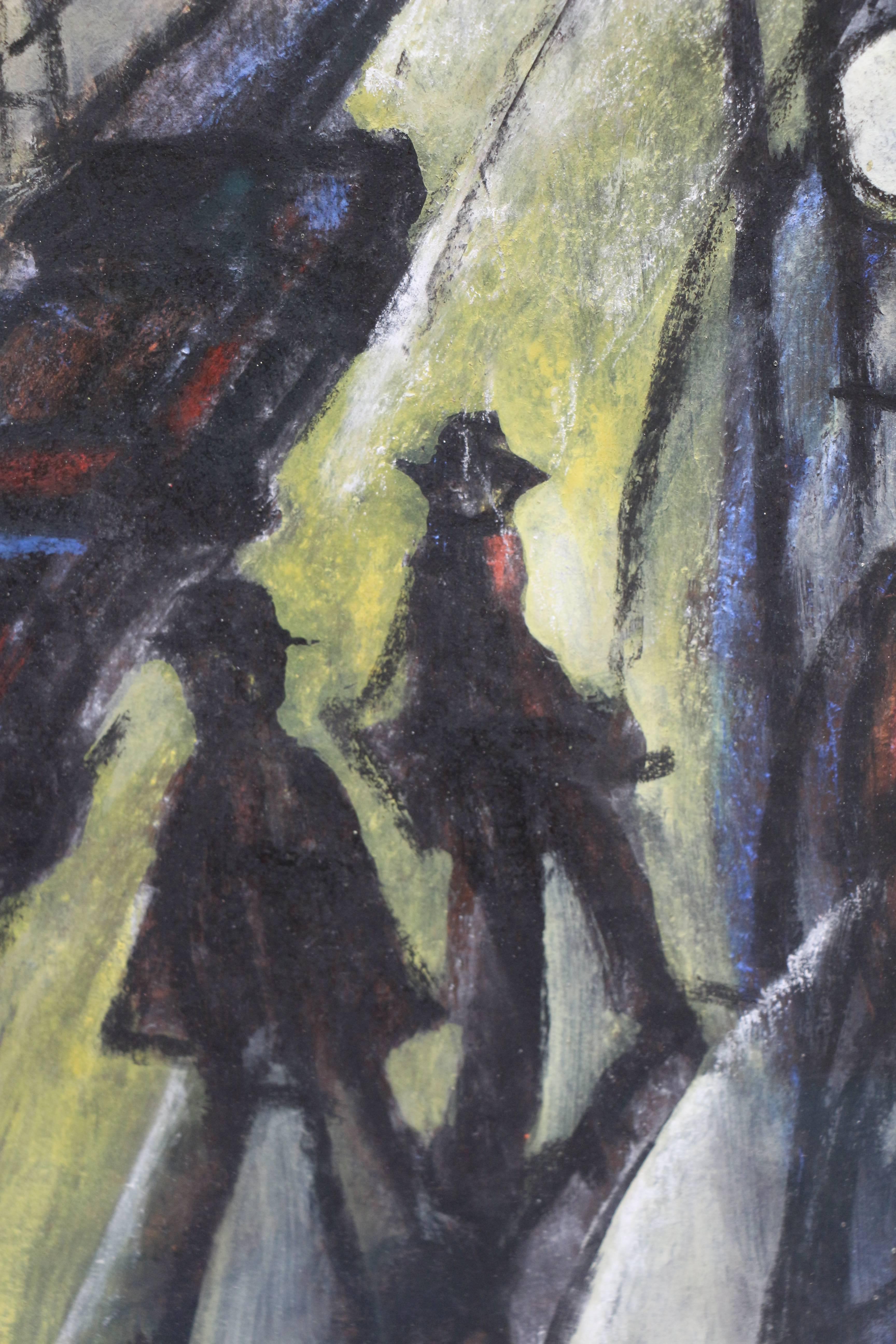 Nocturnal Cityscape, work on paper depicting city at night with people walking For Sale 1