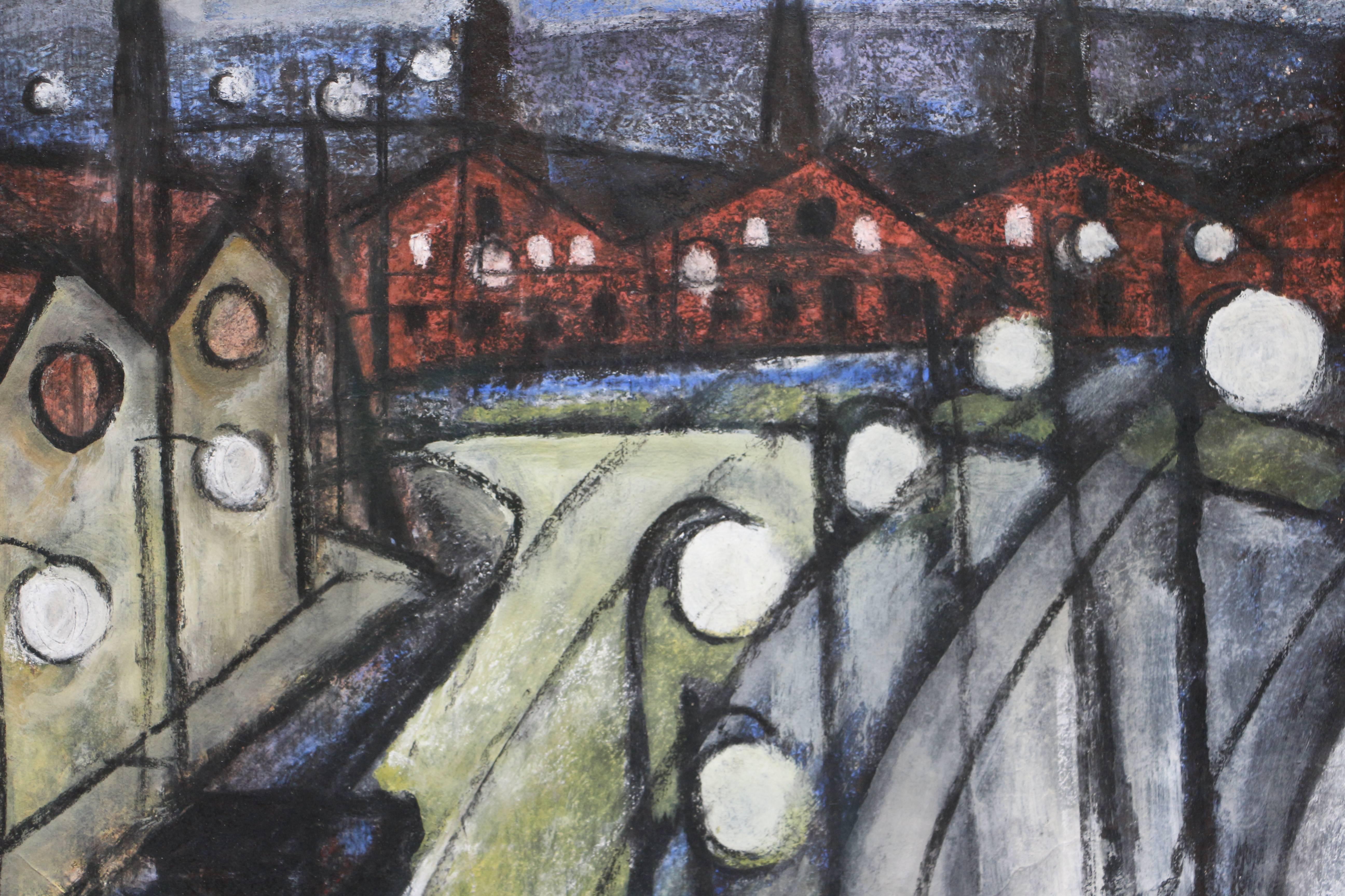 Nocturnal Cityscape, work on paper depicting city at night with people walking For Sale 4