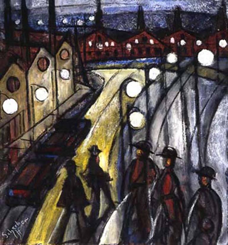 Hugó Scheiber Figurative Painting - Nocturnal Cityscape, work on paper depicting city at night with people walking