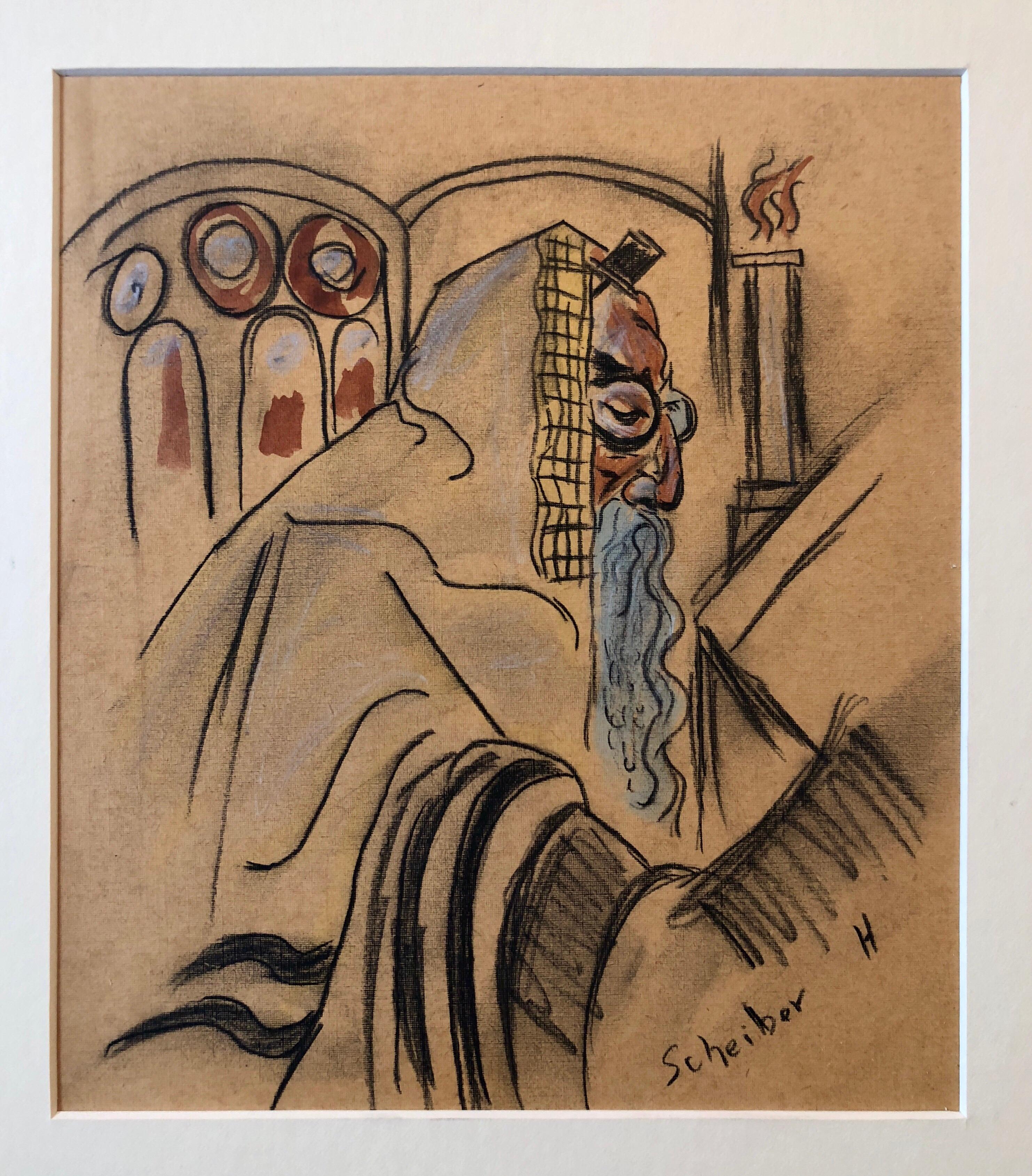 Rare Modernist Hungarian Rabbi Pastel Drawing Gouache Painting Judaica Art Deco