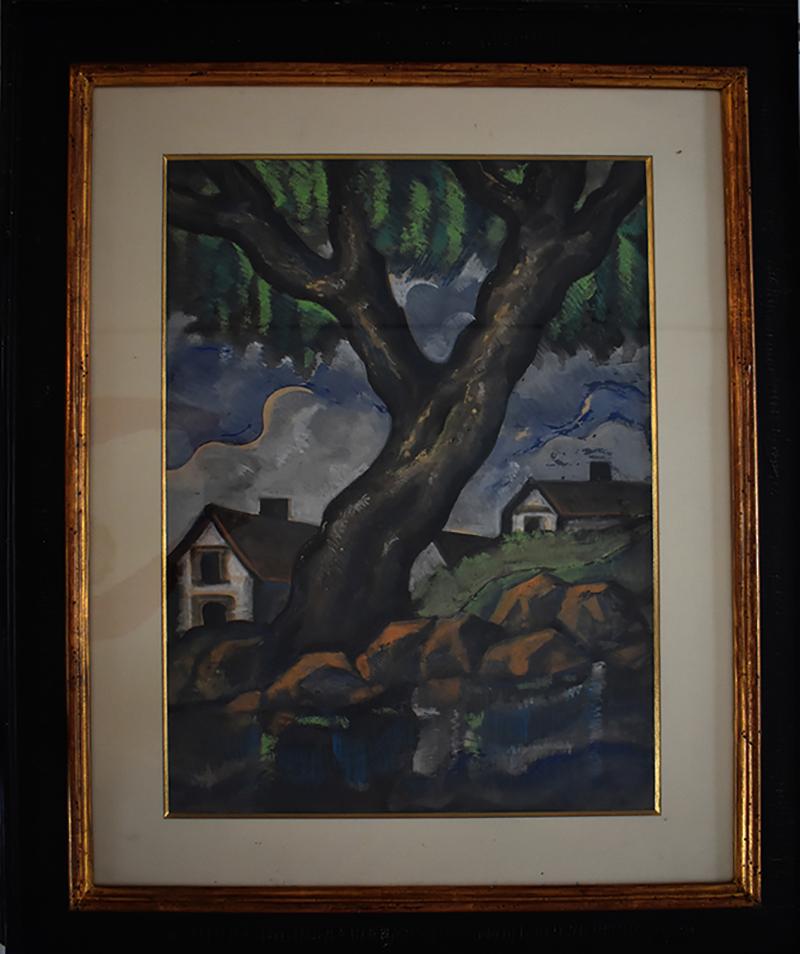 Landscape with Tree and Houses - Print by Hugó Scheiber