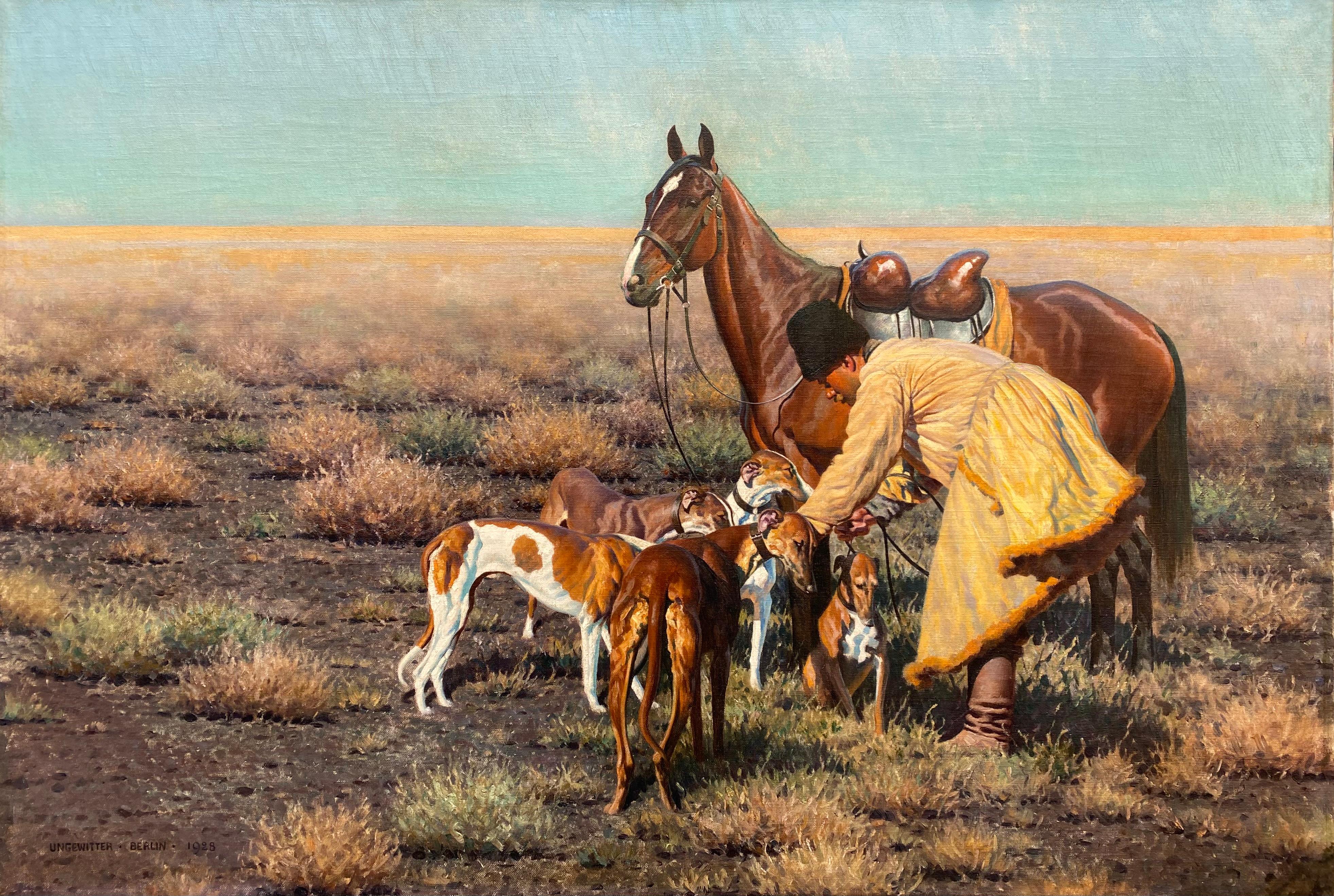 Hugo Ungewitter
Wiedenbrück 1869 - 1947 Osnabrück
Peintre allemand

Chasseur à cheval et à courre

Signature : signée en bas à gauche, placée et datée 1928 "UNGEWITTER - BERLIN - 1928".
Support : huile sur toile
Dimensions : image 85 x 125 cm, cadre