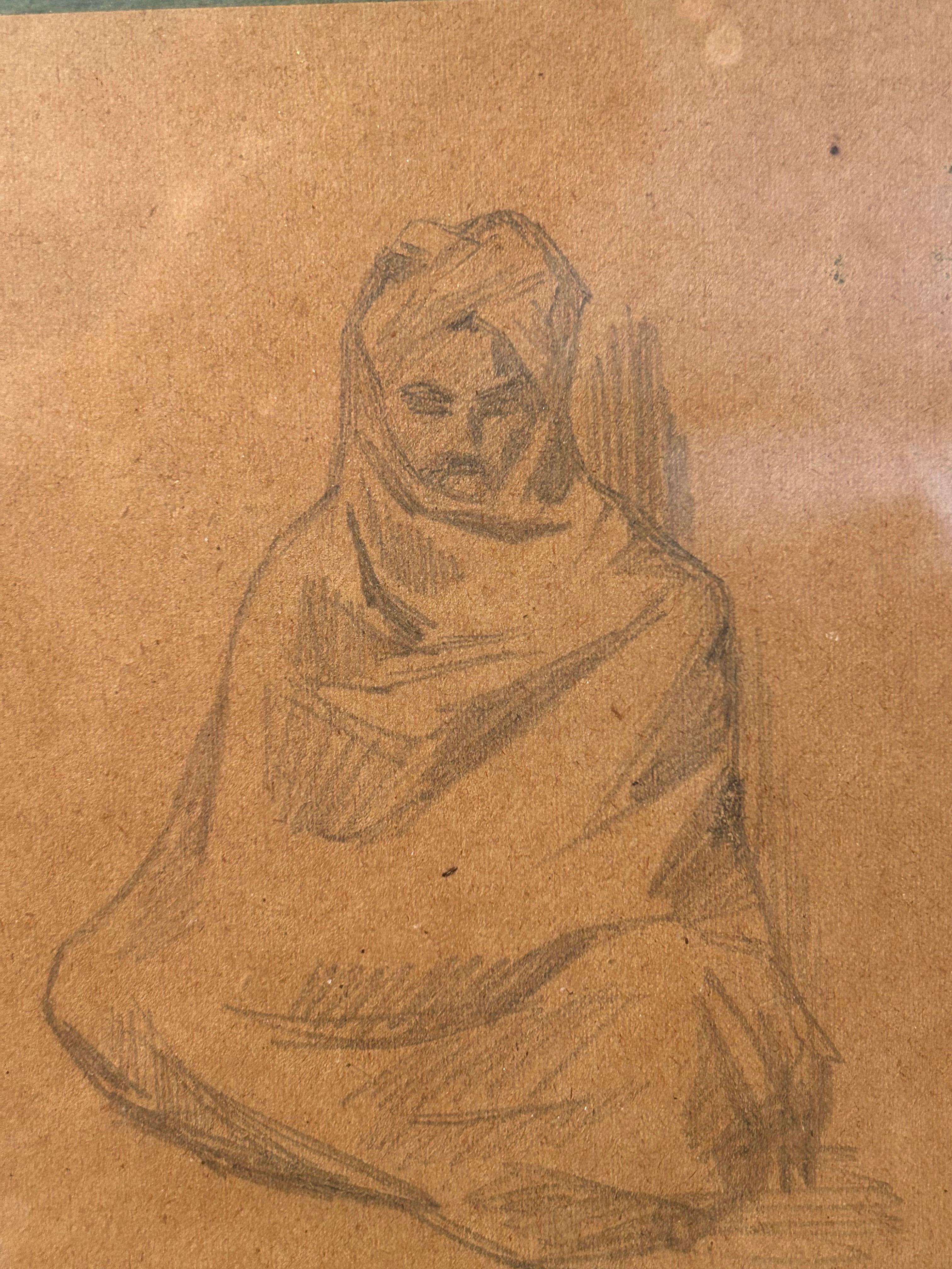 Bleistiftzeichnung auf Papier des dänischen Künstlers Hugo V. Pedersen (1870-1959), entstanden auf seinen Reisen durch Indien in den 1890er Jahren. Die Arbeiten spiegeln Pedersens scharfe Beobachtungsgabe und seine Fähigkeit wider, die subtilen