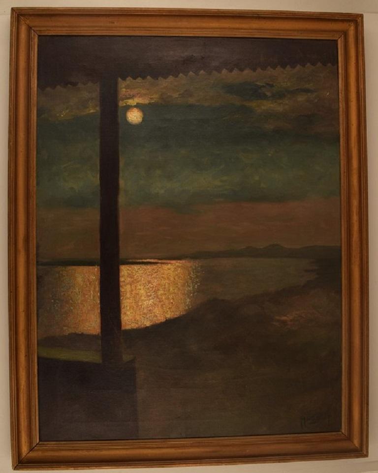 Hugo Vilfred Pedersen (1870-1969), Denmark. Oil on canvas. Landscape with moon. 1920s / 30s.
The canvas measures: 85 x 64 cm.
The frame measures: 5 cm.
In excellent condition.
Signed.