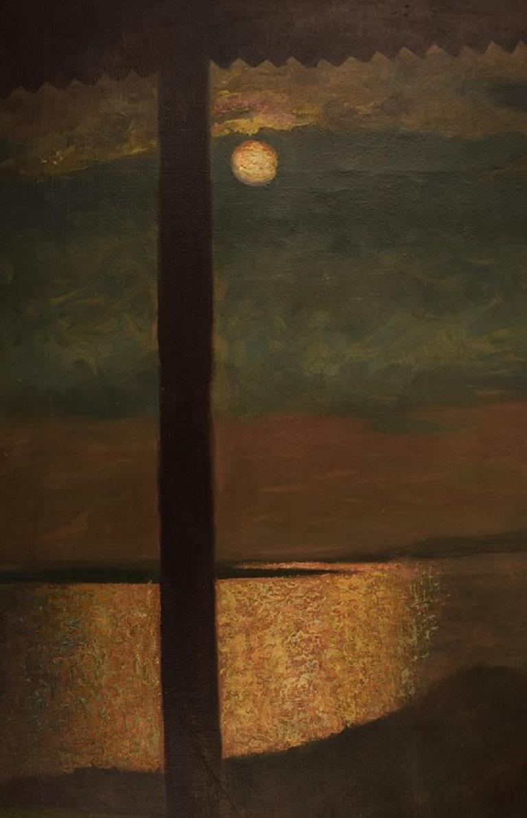 Modern Hugo Vilfred Pedersen, Denmark, Oil on Canvas, Landscape with Moon