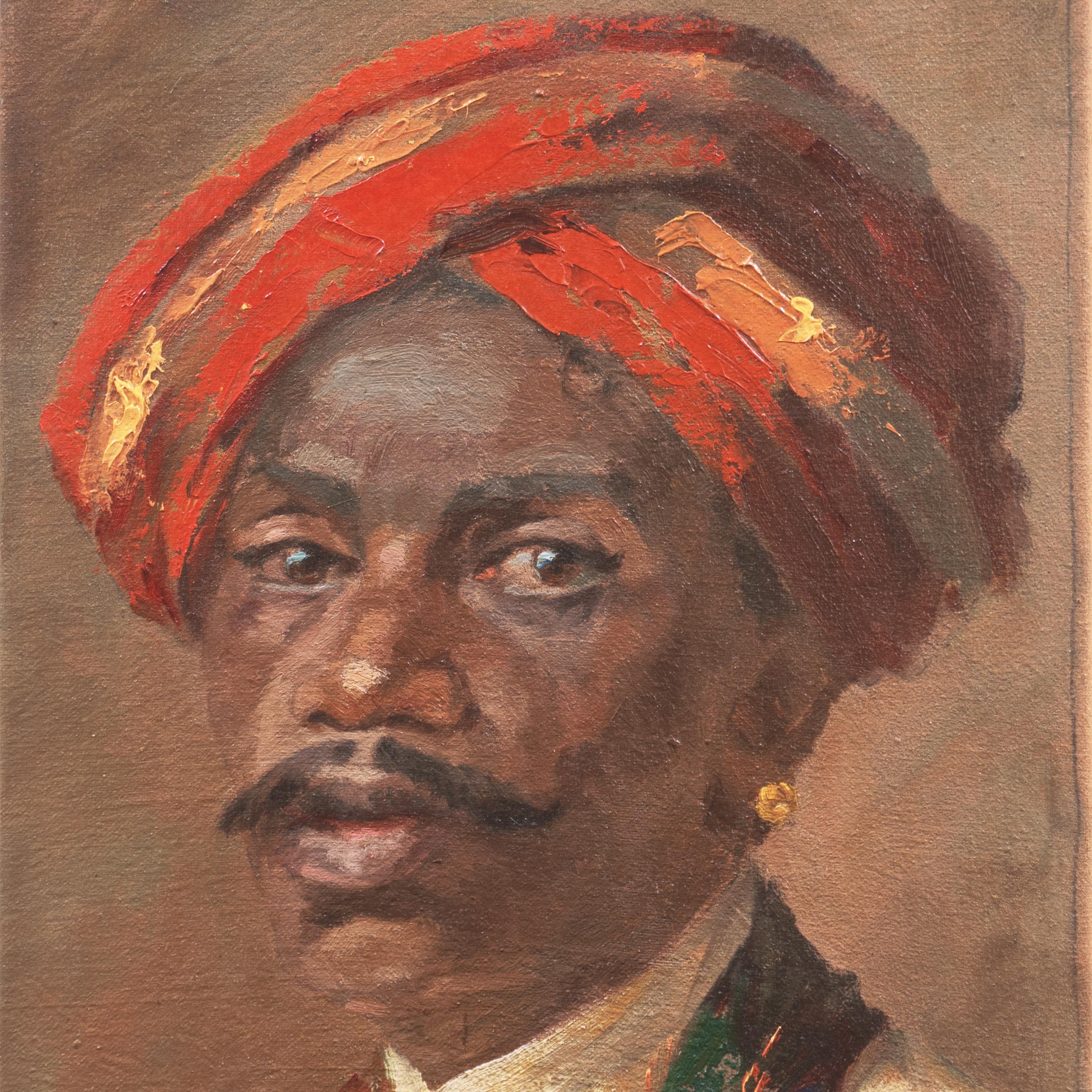 Signed lower left, 'Hugo V.P.' for Hugo Vilfred Pedersen (Danish, 1870-1959) and painted circa 1900.

An antique oil painting of an Indian gentleman wearing a saffron and coral turban and gold earring, shown gazing towards the viewer with quiet and