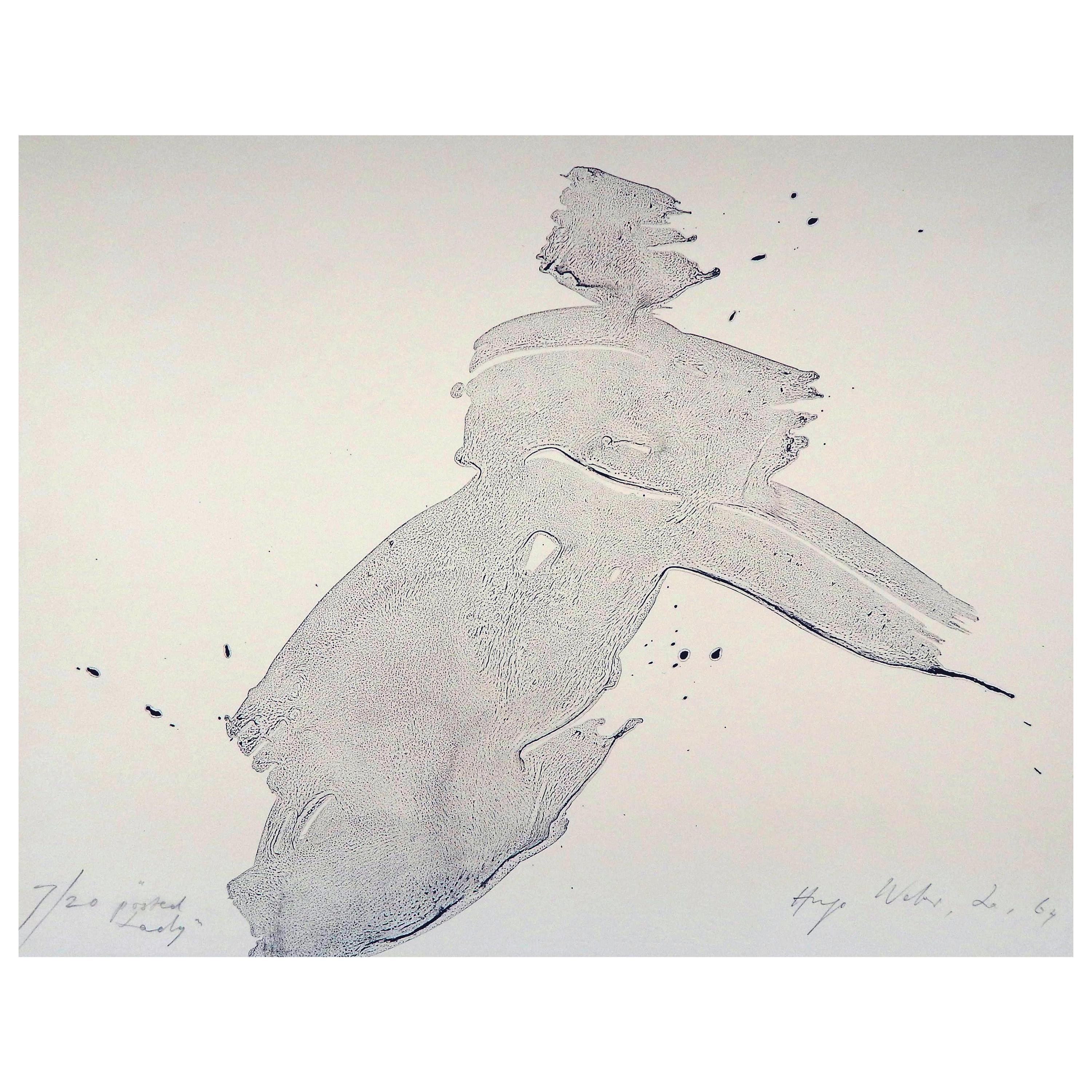 Lithographie abstraite originale en couleurs d'Hugo Weber intitulée Posed Lady, 1964 en vente