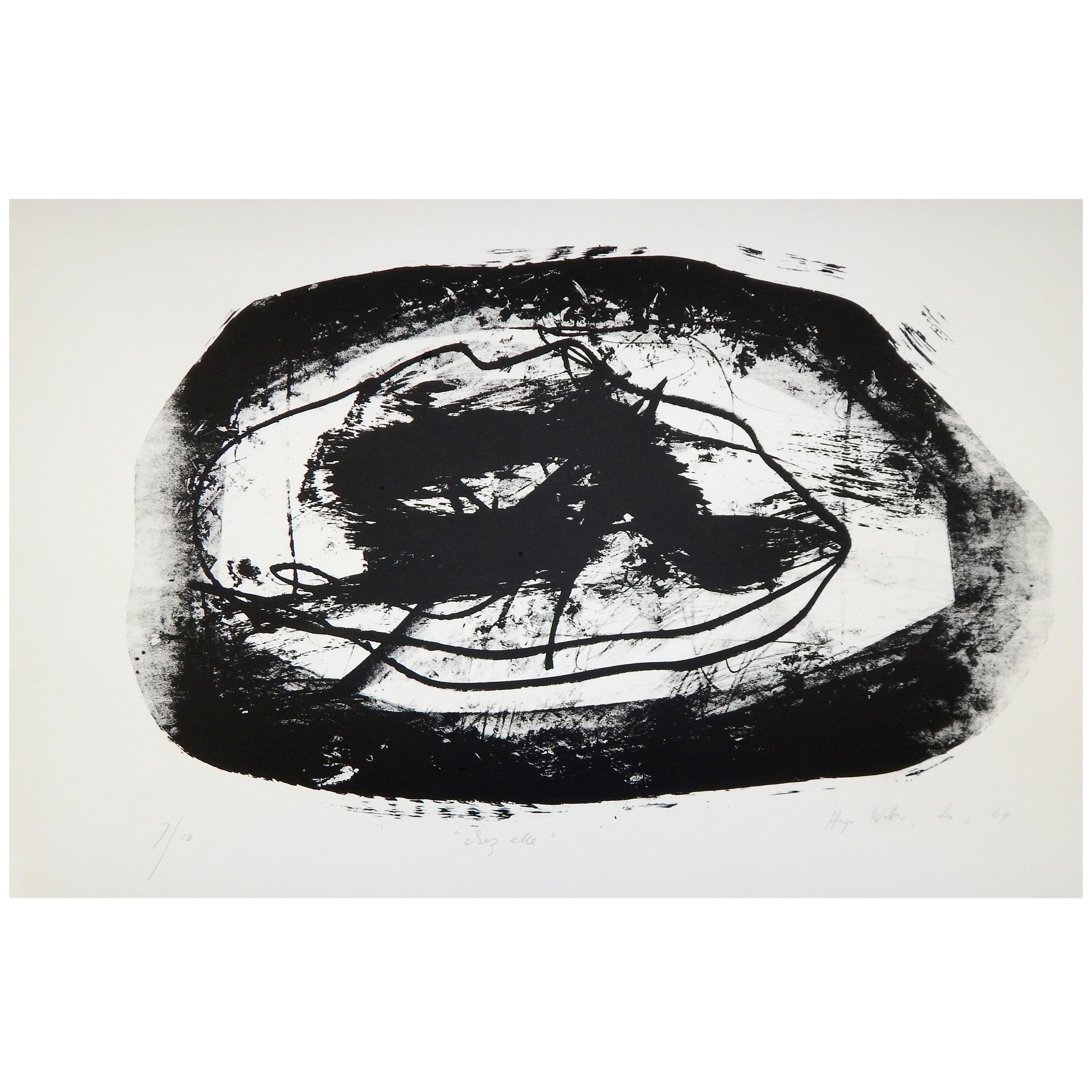 Original color lithograph by Swiss/American artist Hugo Weber. 
Pencil signed lower right and dated 1964.
Pencil titled lower center “Chez Elle.” In excellent condition. 
Edition size is 10 of which this print is no. 7.
Sheet size: 22.25" H x 33.38"