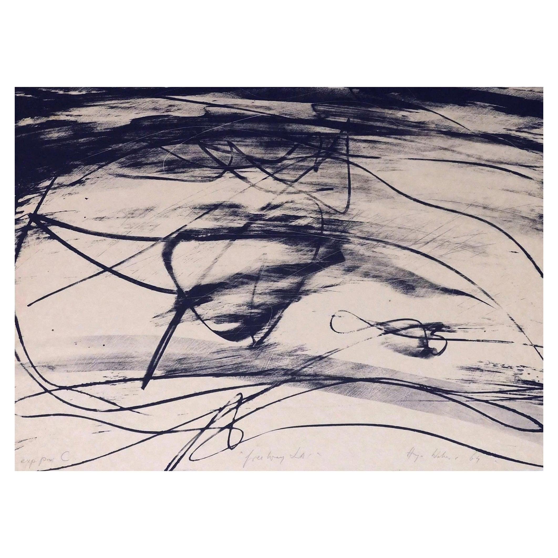Originale Farblithographie des schweizerisch-amerikanischen Künstlers Hugo Weber. 
Mit Bleistift signiert unten rechts und datiert '64.  Blattgröße: 22,25" H x 30,25" W.
Dieses Werk ist ein sehr seltener Druck und hat volle Büttenränder. 
Bleistift