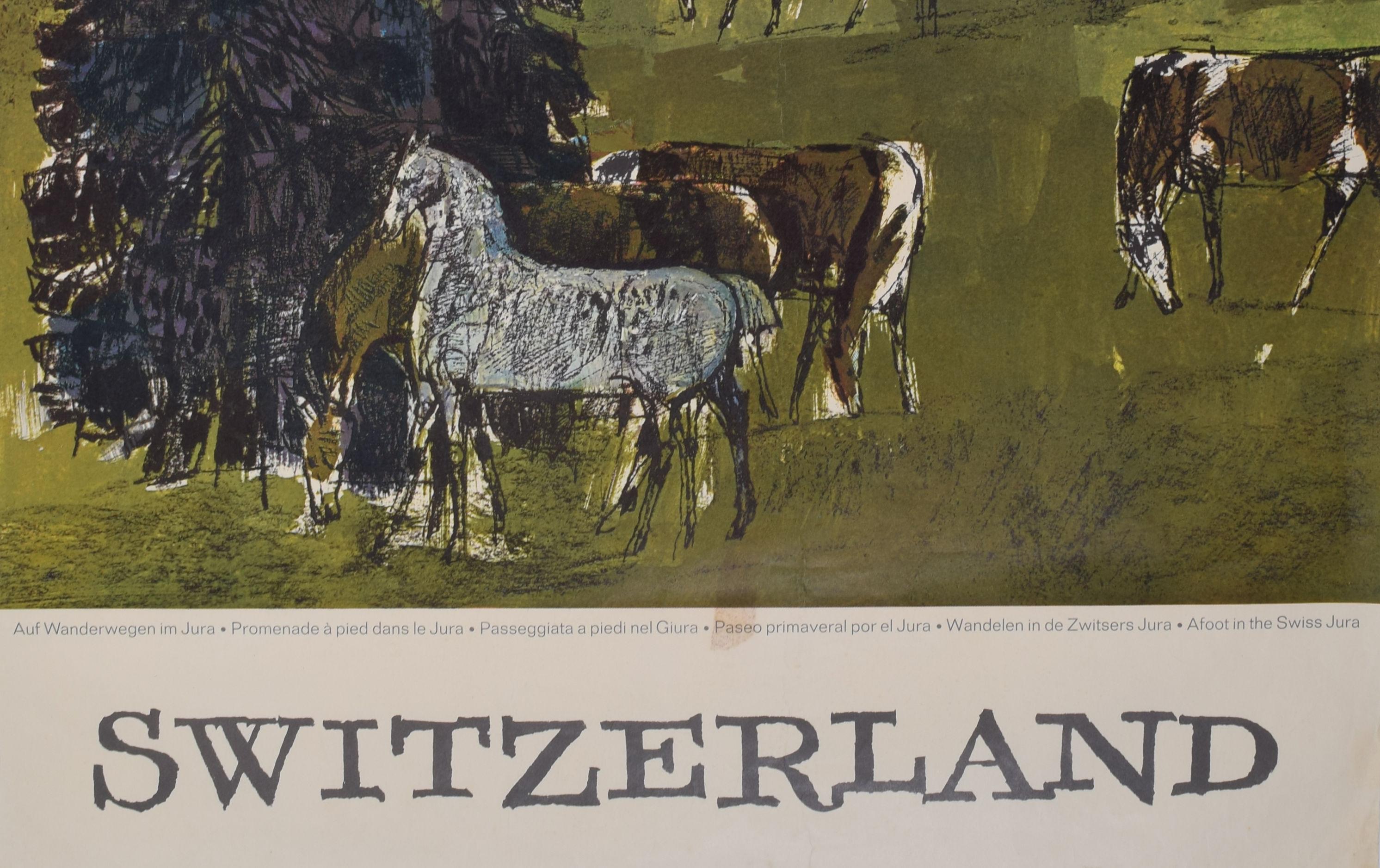 Switzerland horses by Hugo Wetli original vintage poster Swiss Jura Alps For Sale 4