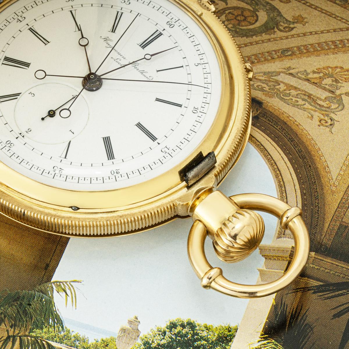Huguenin Berthoud Locle. A Rare Early 18ct Yellow Gold, Hunting Cased, Keywind Watch with Independent Split Seconds and 1/4 Seconds Chronograph Diablotine C1860

Dial: The white enamel dial fully signed Huguenin Berthoud Locle with Roman hour