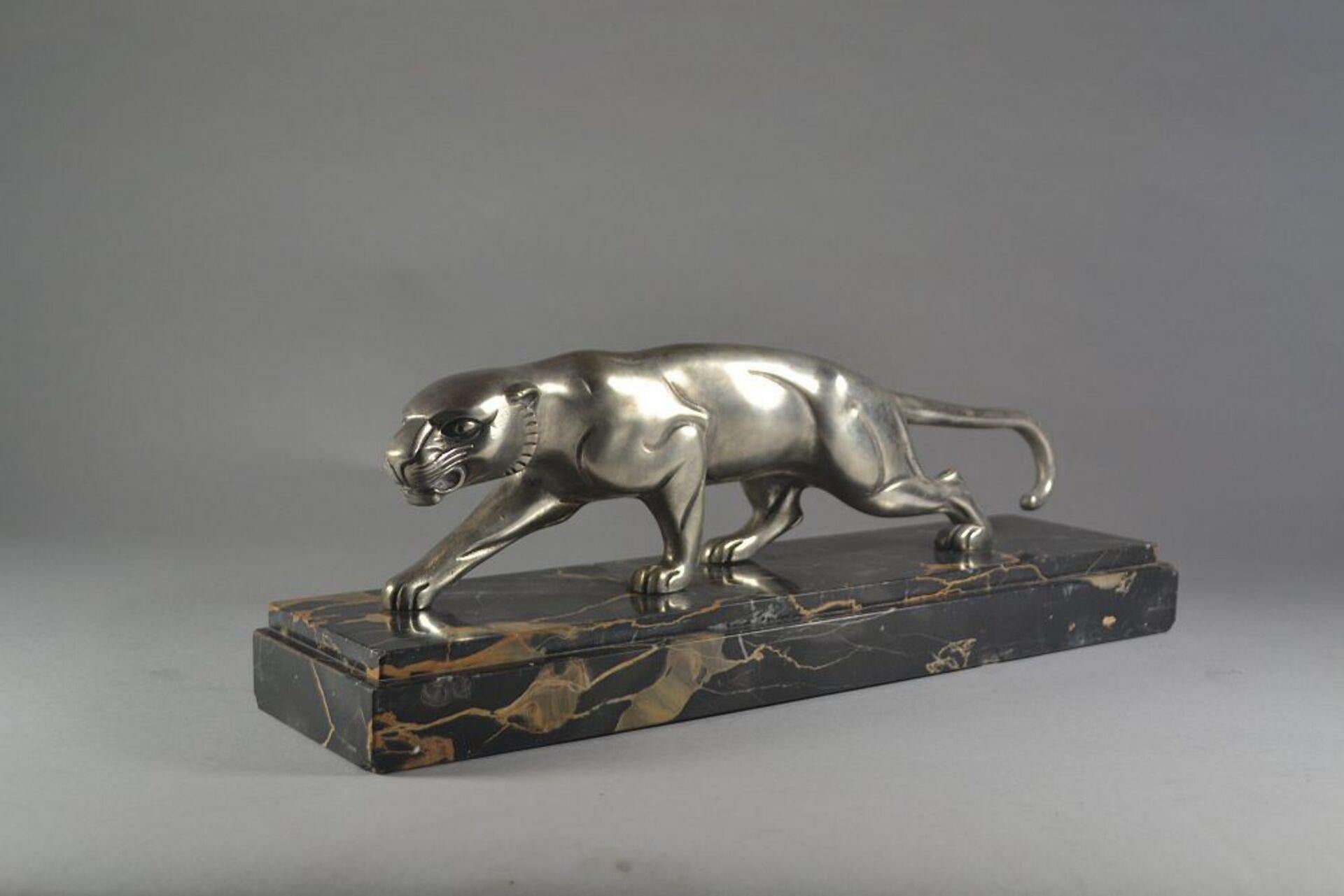 French Hugues : Art Deco Bronze Panther on Portoro Marble Base