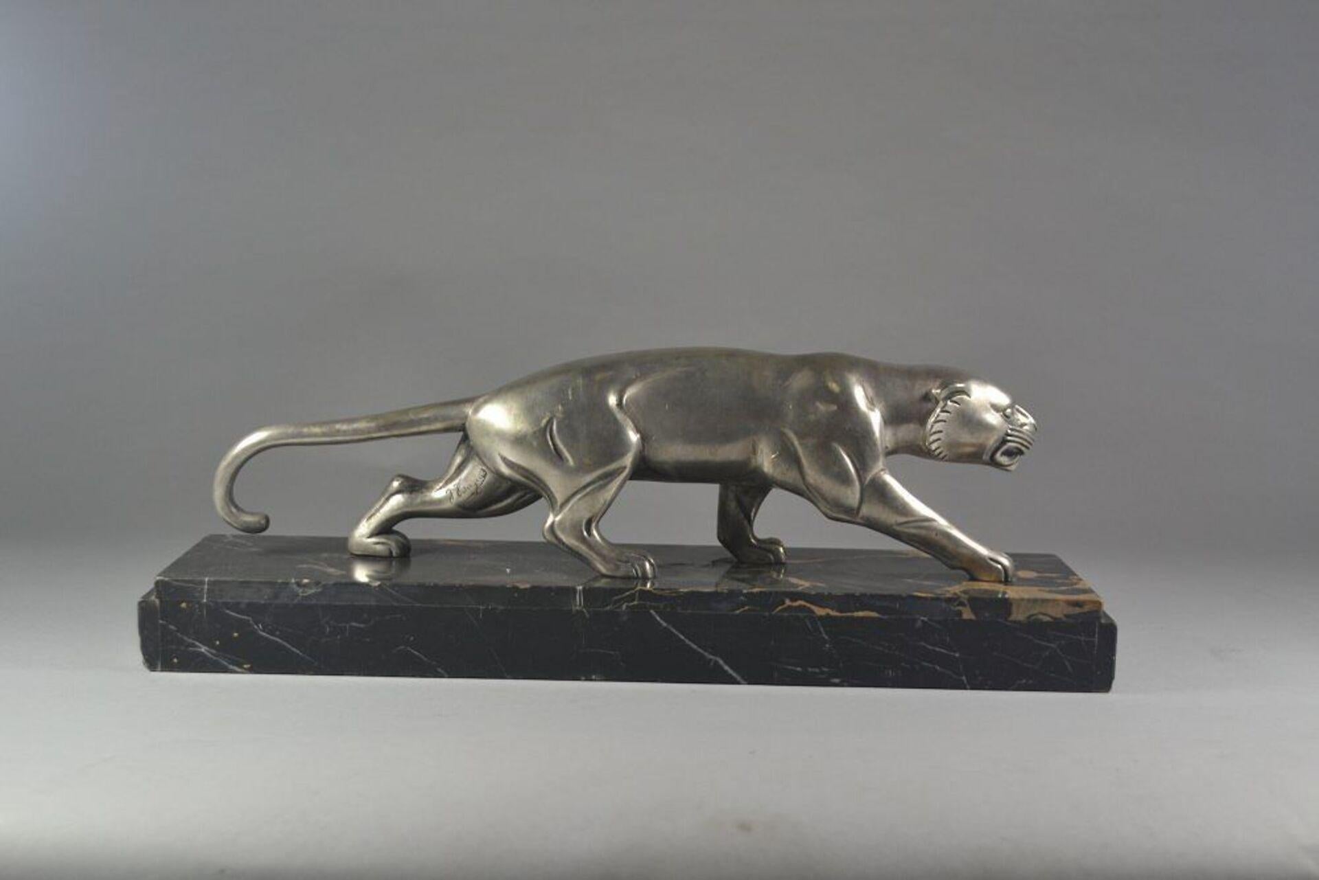 Milieu du XXe siècle Hugues : Panthère en bronze Art Déco sur socle en marbre Portoro
