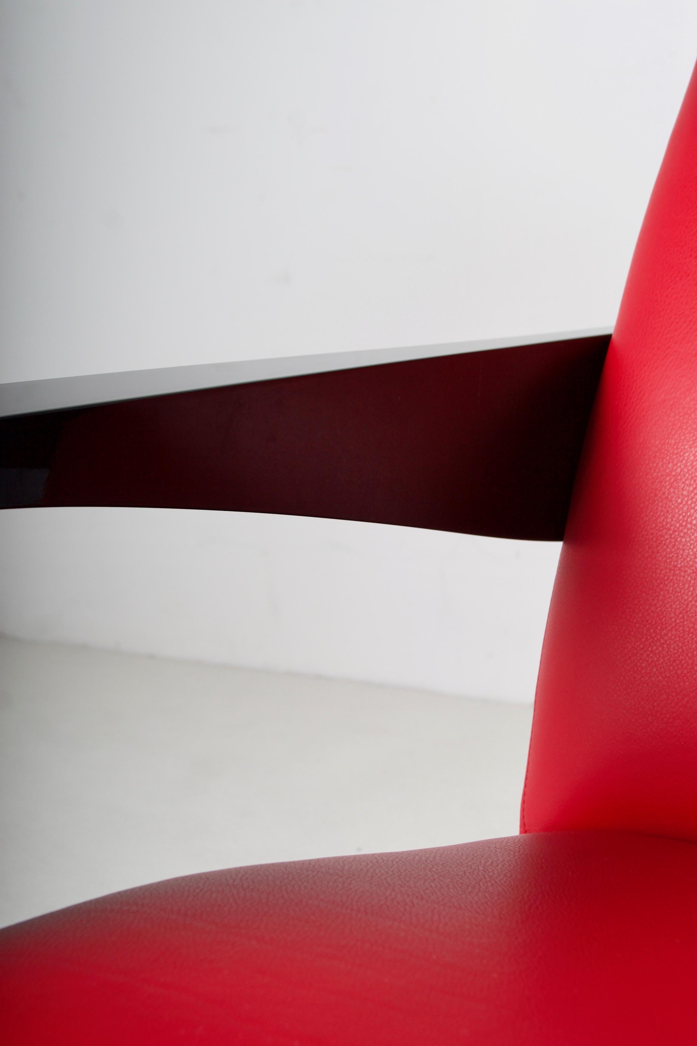 Hugues Chevalier Lounge Chairs in Red Leather and Lacquered Walnut 6