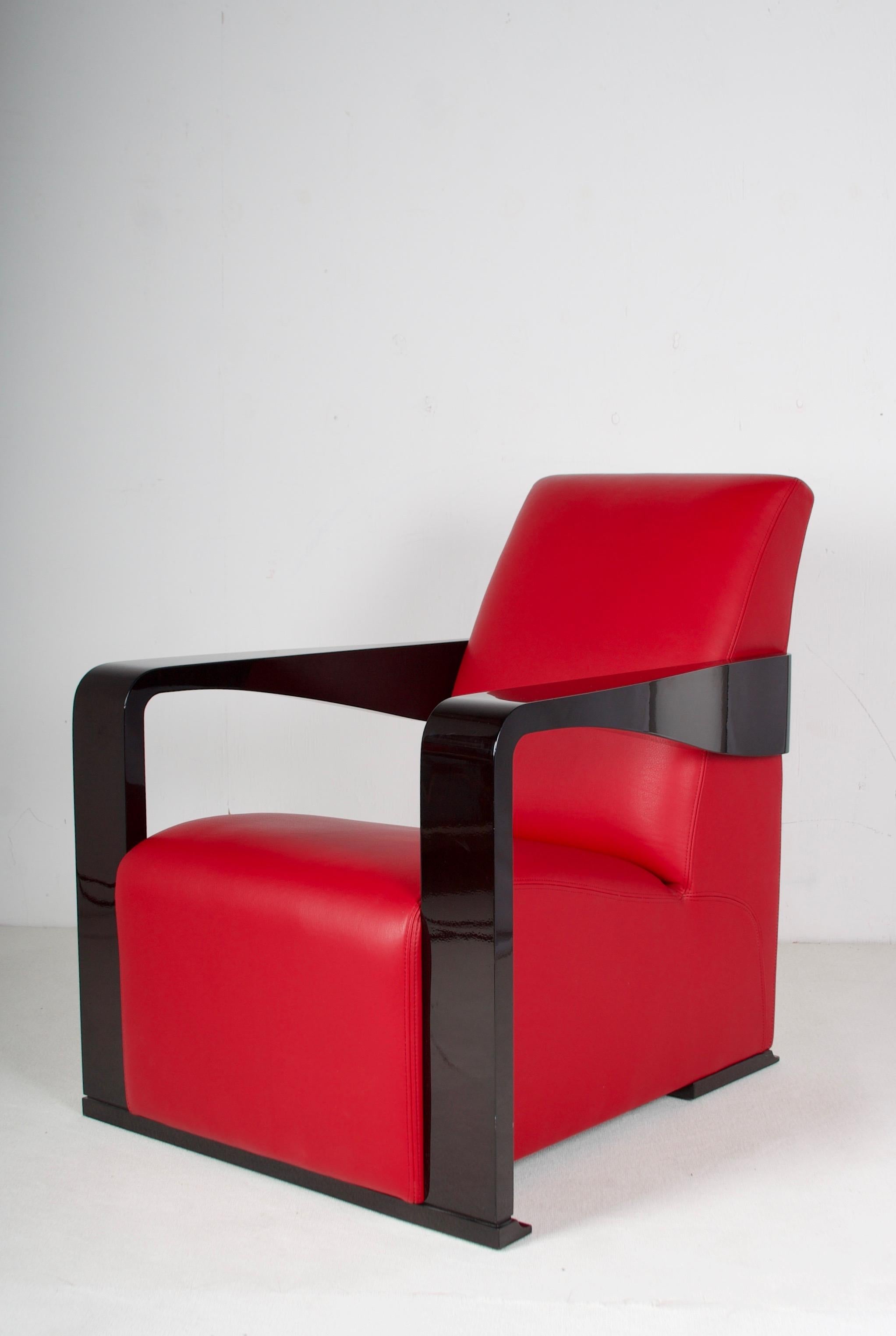 Hugues Chevalier Lounge Chairs in Red Leather and Lacquered Walnut 12