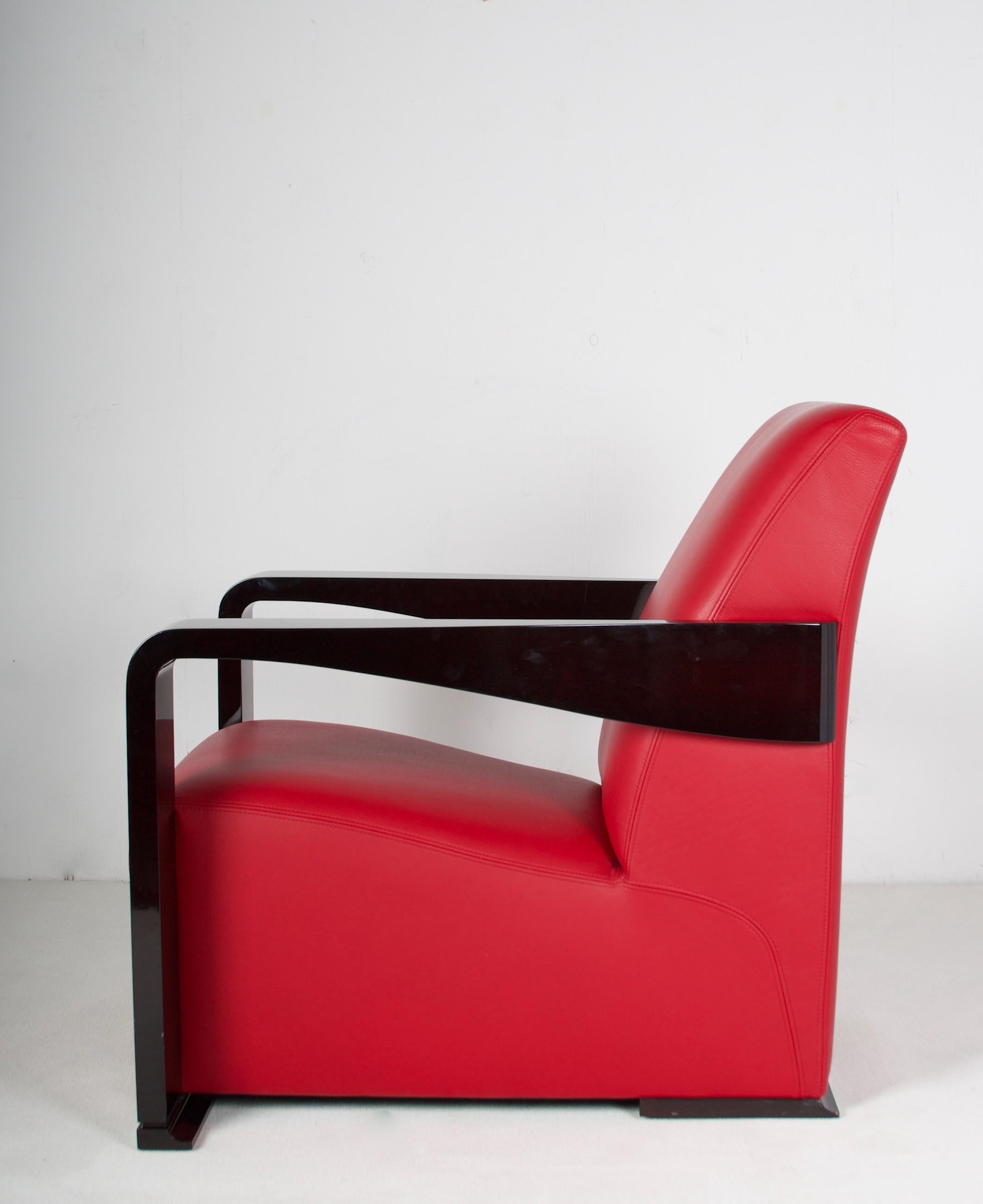 French Hugues Chevalier Lounge Chairs in Red Leather and Lacquered Walnut