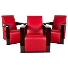 Hugues Chevalier Lounge Chairs in Red Leather and Lacquered Walnut