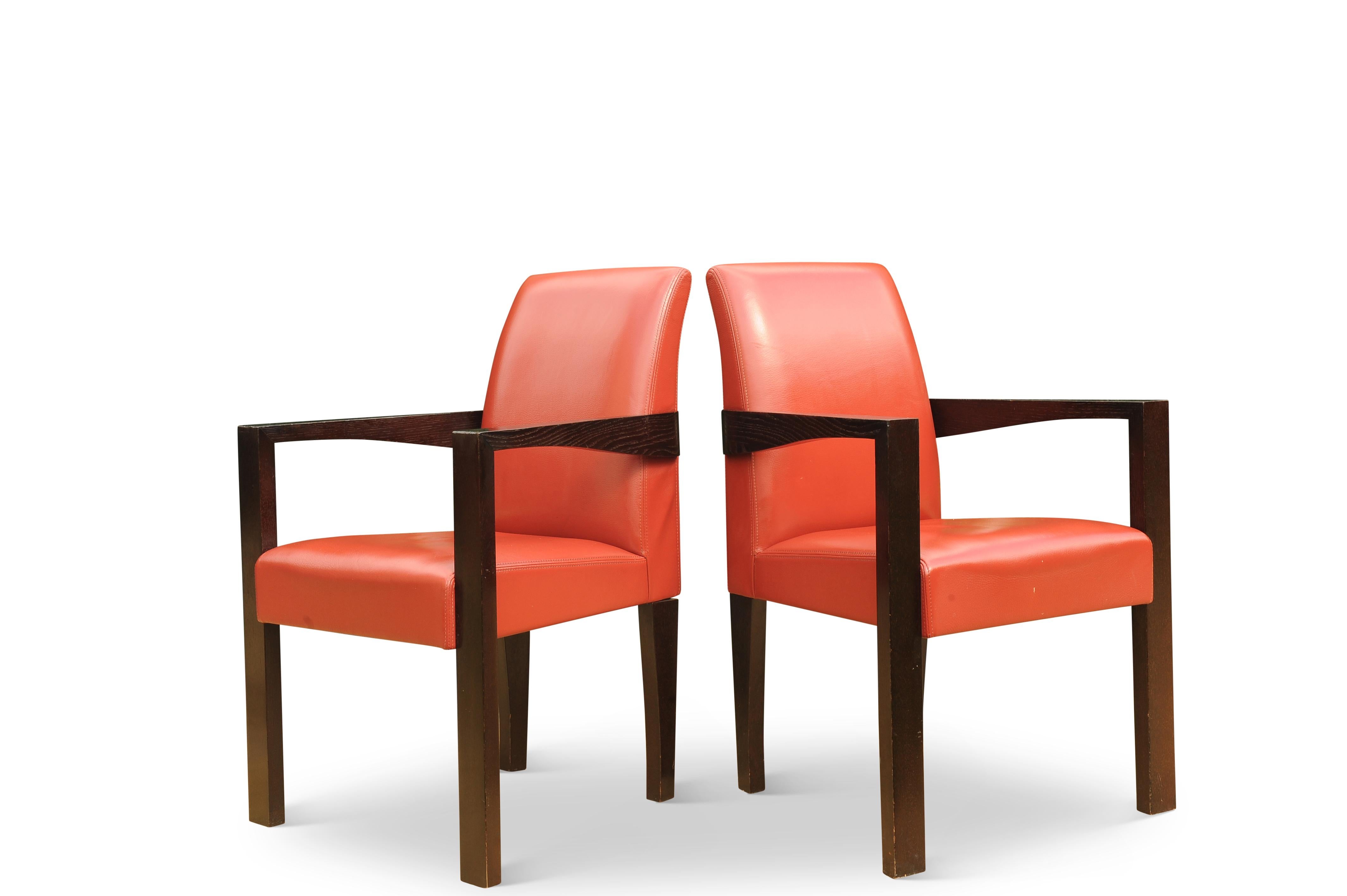 French Hugues Chevalier of Paris, France set of four Red leather Ying Bridge chairs For Sale