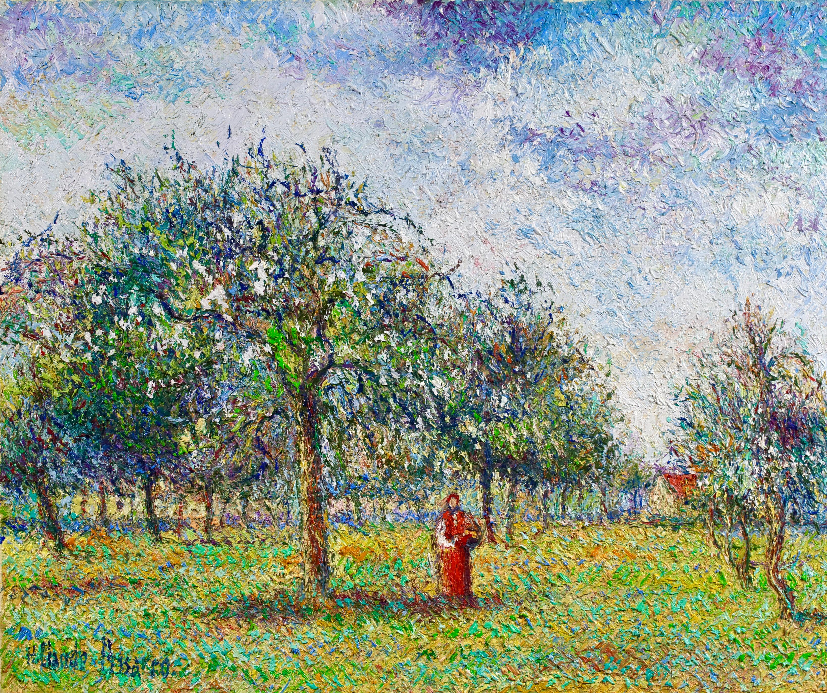 Au Verger - Post Impressionist Landscape Oil By Hugues Claude Pissarro For Sale 1