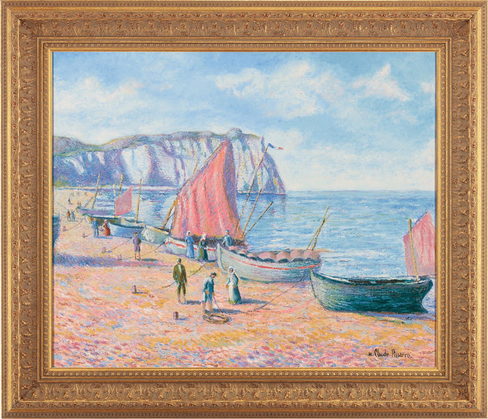 Barques de Pêcheurs à Étretat (Fishing Boats in Étretat) - Painting by Hughes Claude Pissarro