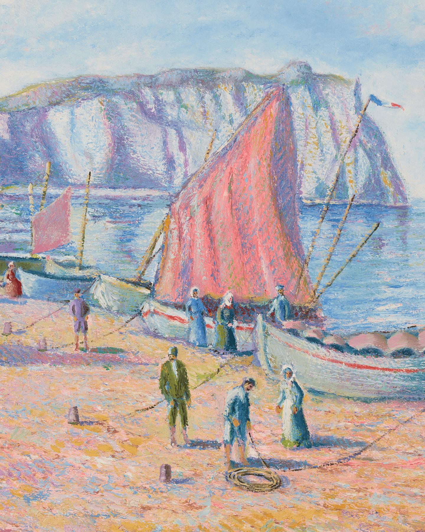 Barques de Pêcheurs à Étretat (Fishing Boats in Étretat) - Post-Impressionist Painting by Hughes Claude Pissarro