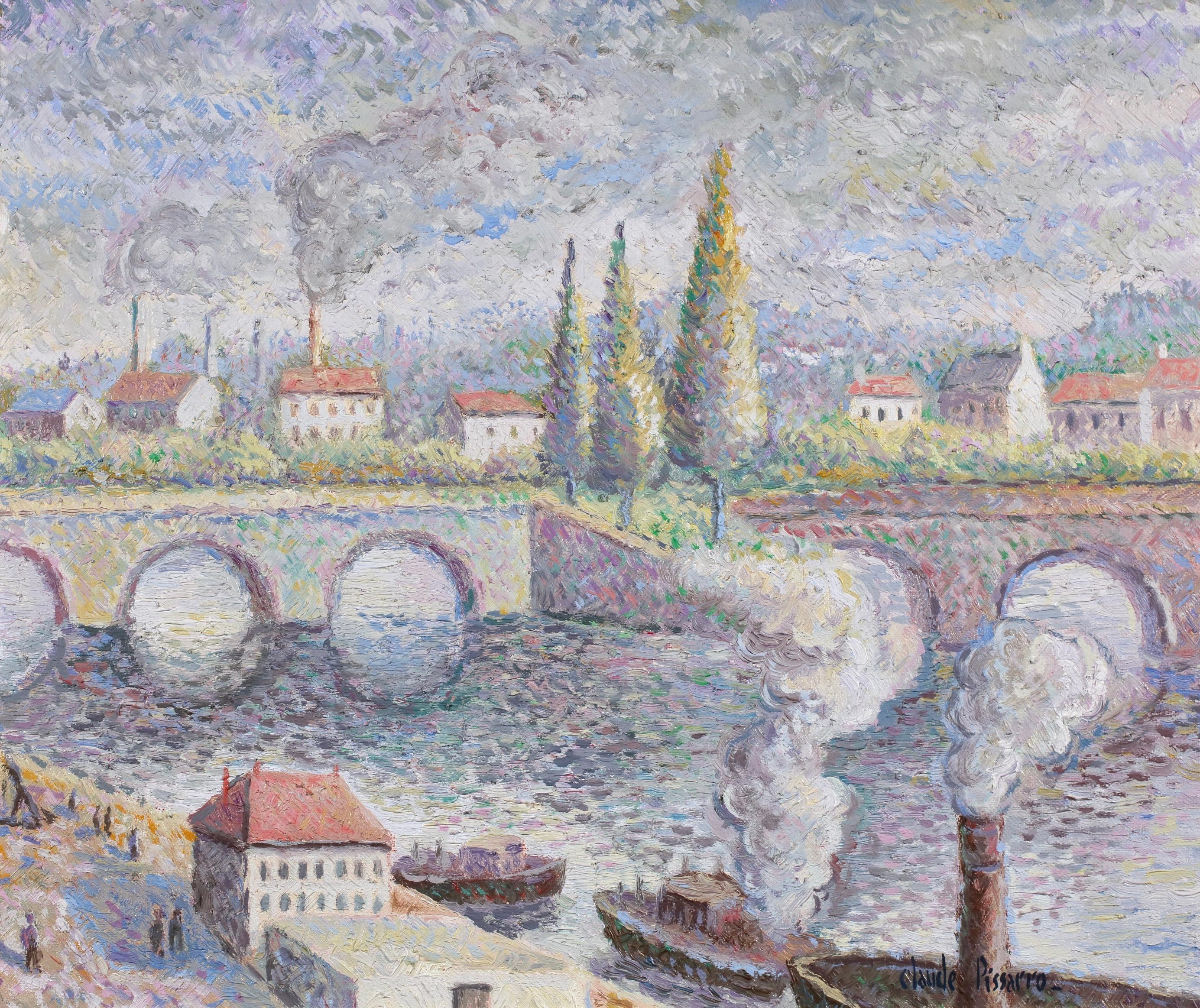 Bateaux sur La Seine - Postimpressionistische Landschaft Öl - Hugues Claude Pissarro im Angebot 1