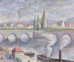 Bateaux sur La Seine - Paisaje Post Impresionista Óleo - Hugues Claude Pissarro
