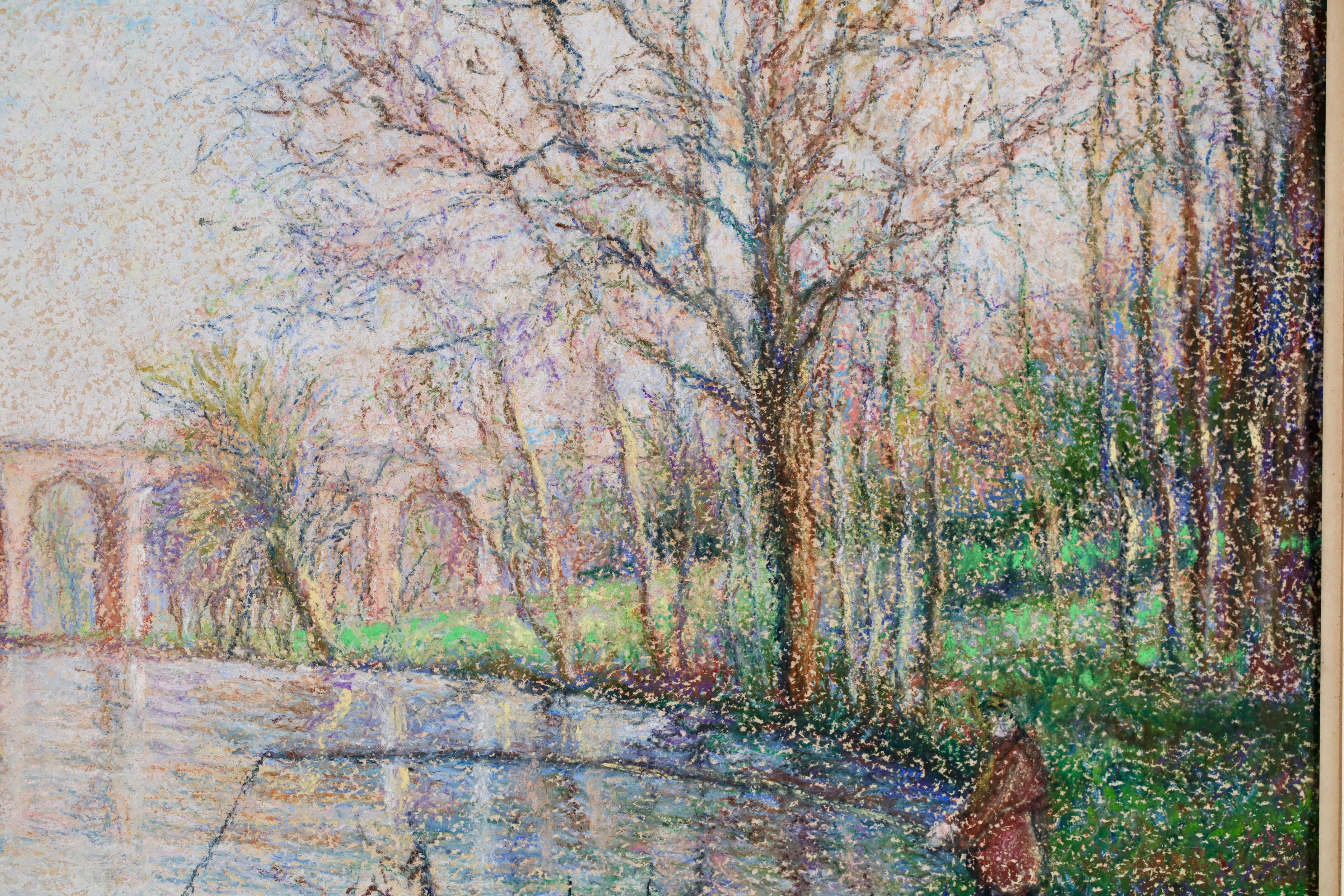 Clecy - Le Viaduc - Post Impressionist Riverscape Oil By Hugues Claude Pissarro For Sale 4