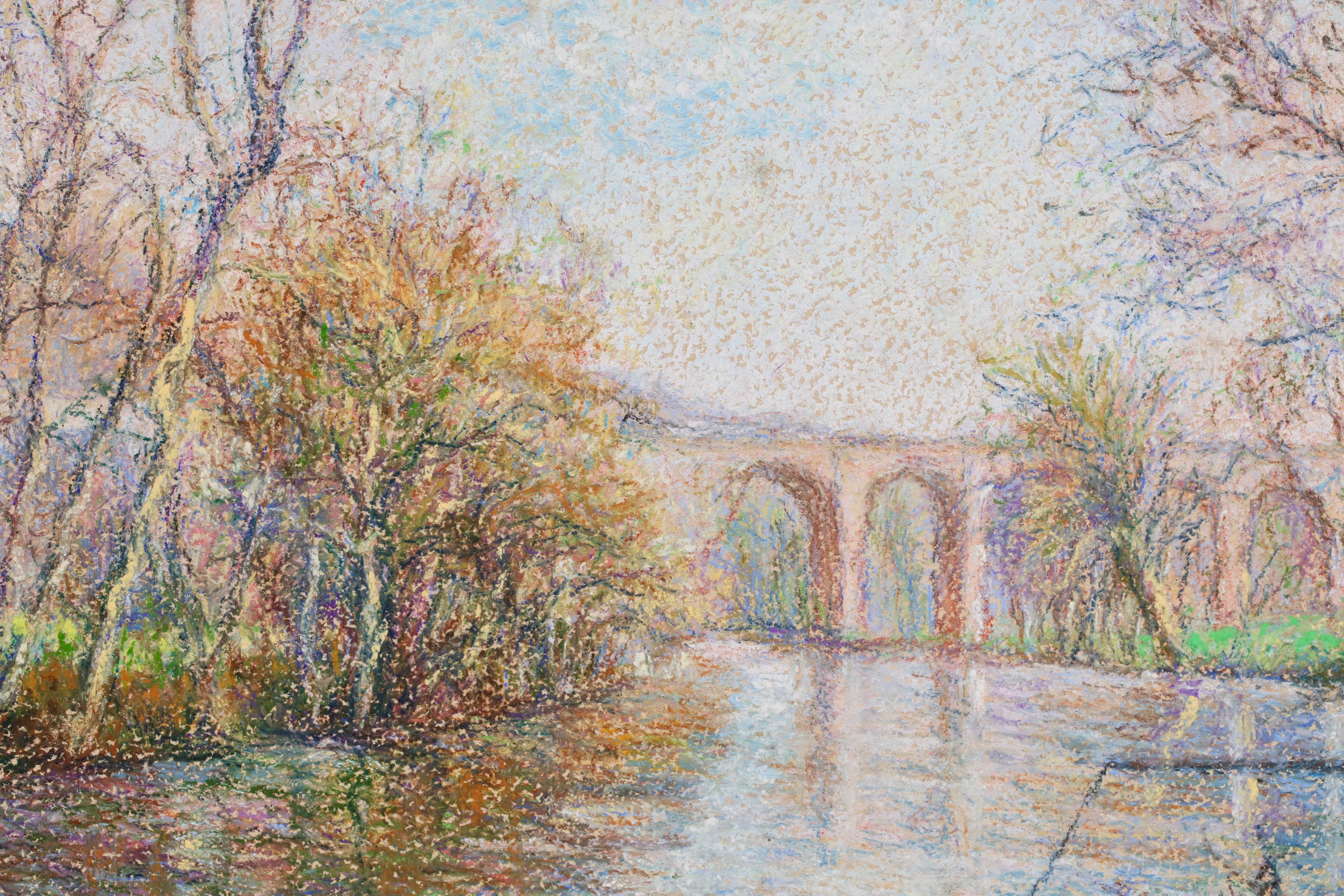 Clecy - Le Viaduc - Post Impressionist Riverscape Oil By Hugues Claude Pissarro For Sale 8