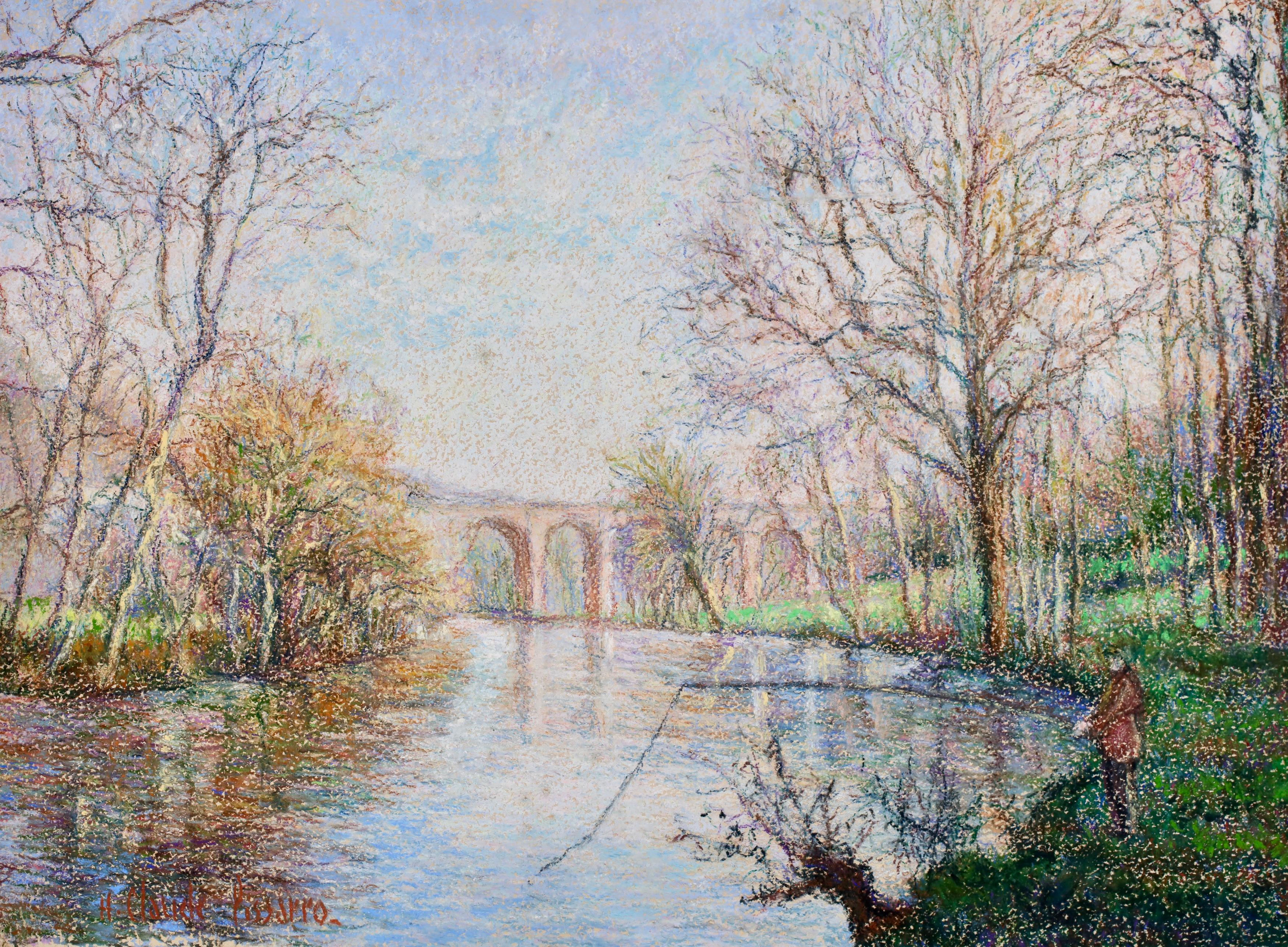 Clecy - Le Viaduc - Paisaje fluvial postimpresionista Óleo de Hugues Claude Pissarro