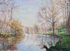 Clecy - Le Viaduc - Paisaje fluvial postimpresionista Óleo de Hugues Claude Pissarro