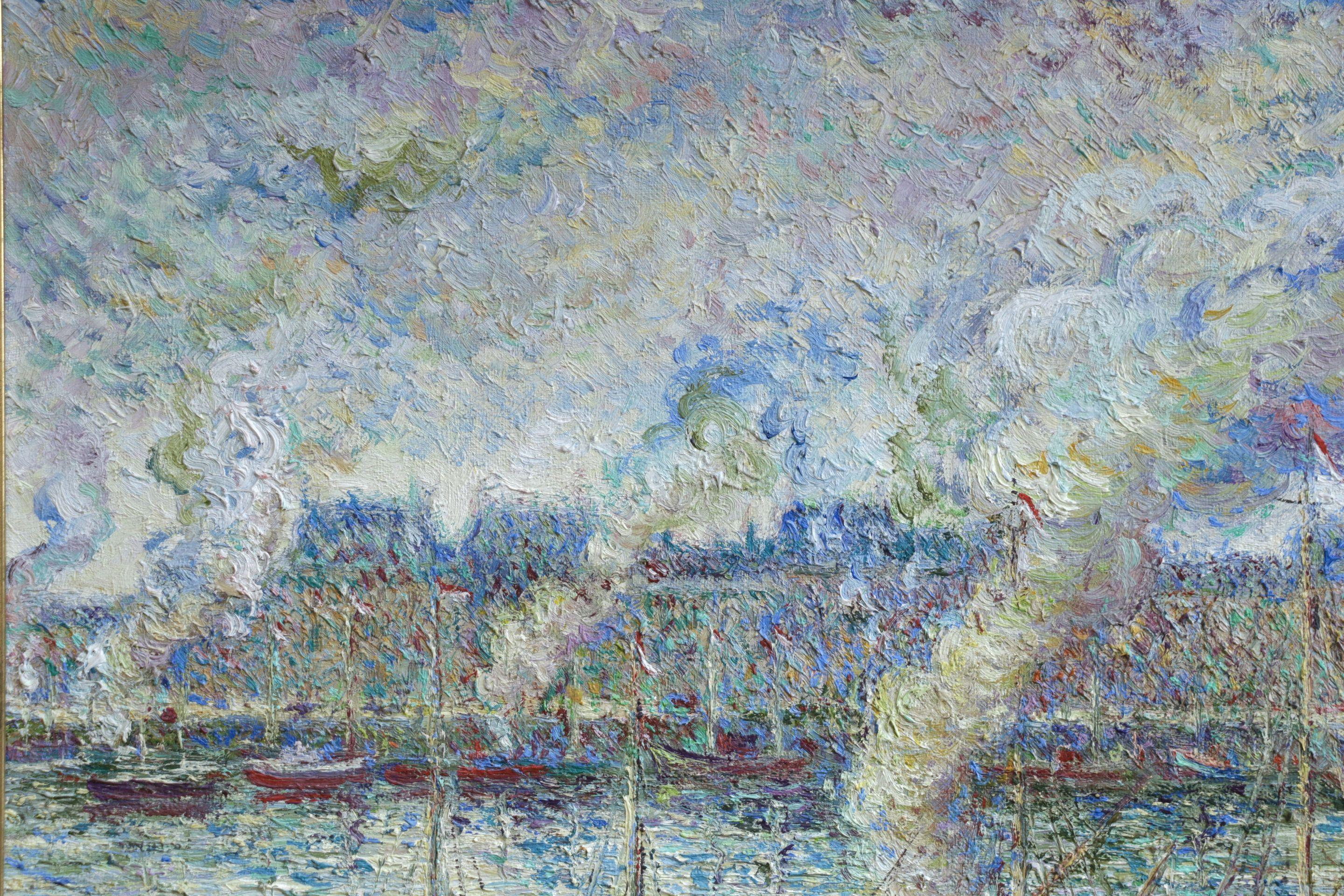 L'embarquement du Sainte Louisa-Paris - 20th Century Oil, Boats by H C Pissarro - Post-Impressionist Painting by Hughes Claude Pissarro