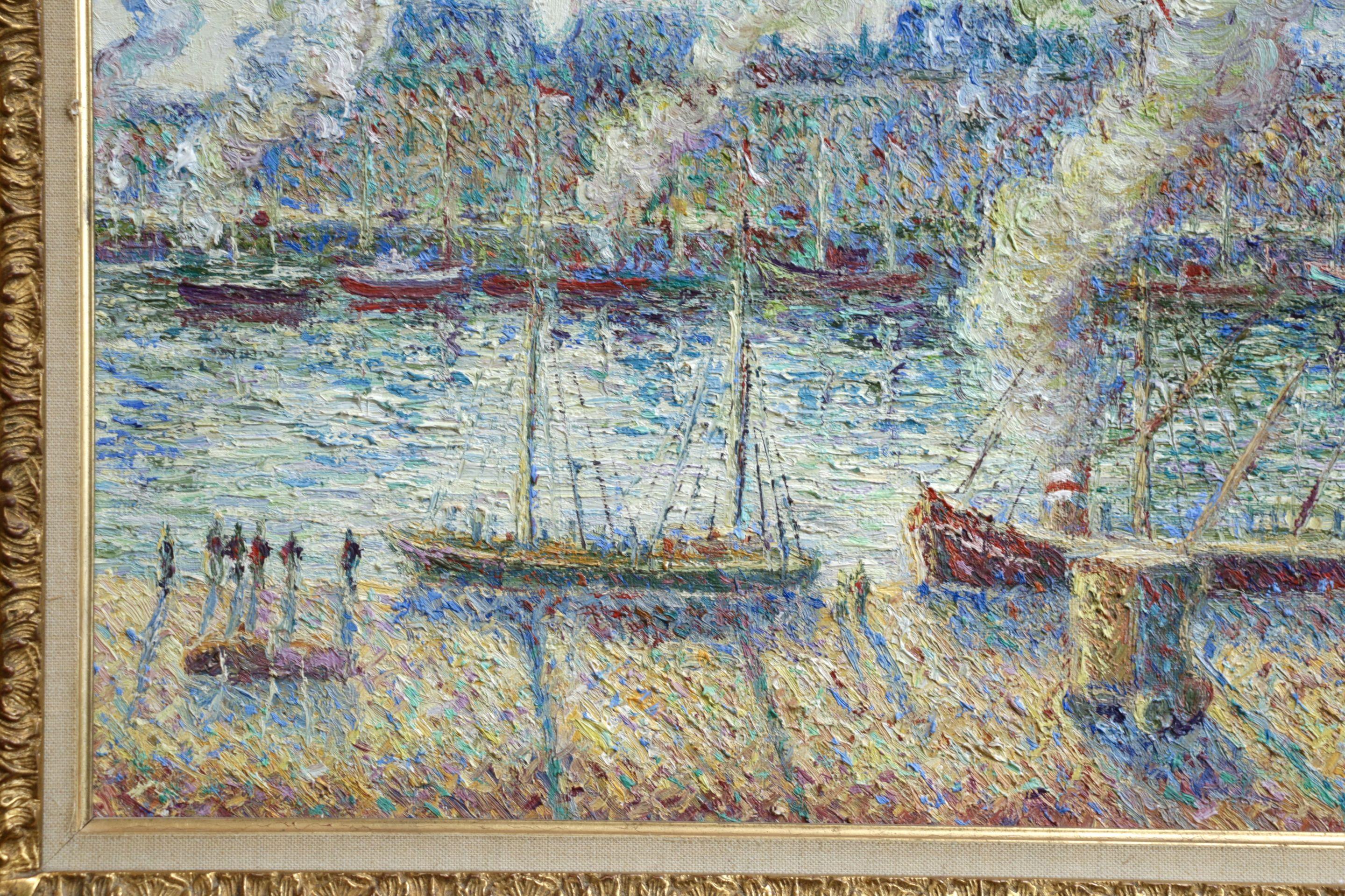 L'embarquement du Sainte Louisa-Paris - 20th Century Oil, Boats by H C Pissarro - Gray Figurative Painting by Hughes Claude Pissarro