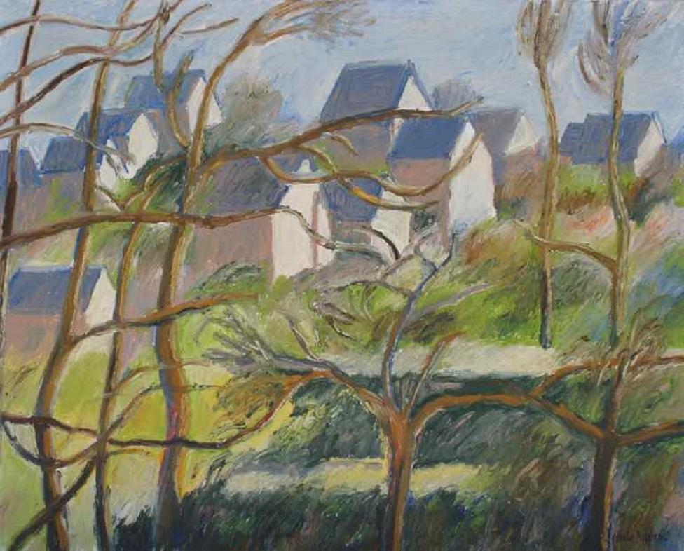 Landscape Painting de Hugues Claude Pissarro - Les Maisons Neuves de Hugues Pissarro dit Pomié, 1991 - Pintura al óleo sobre lienzo