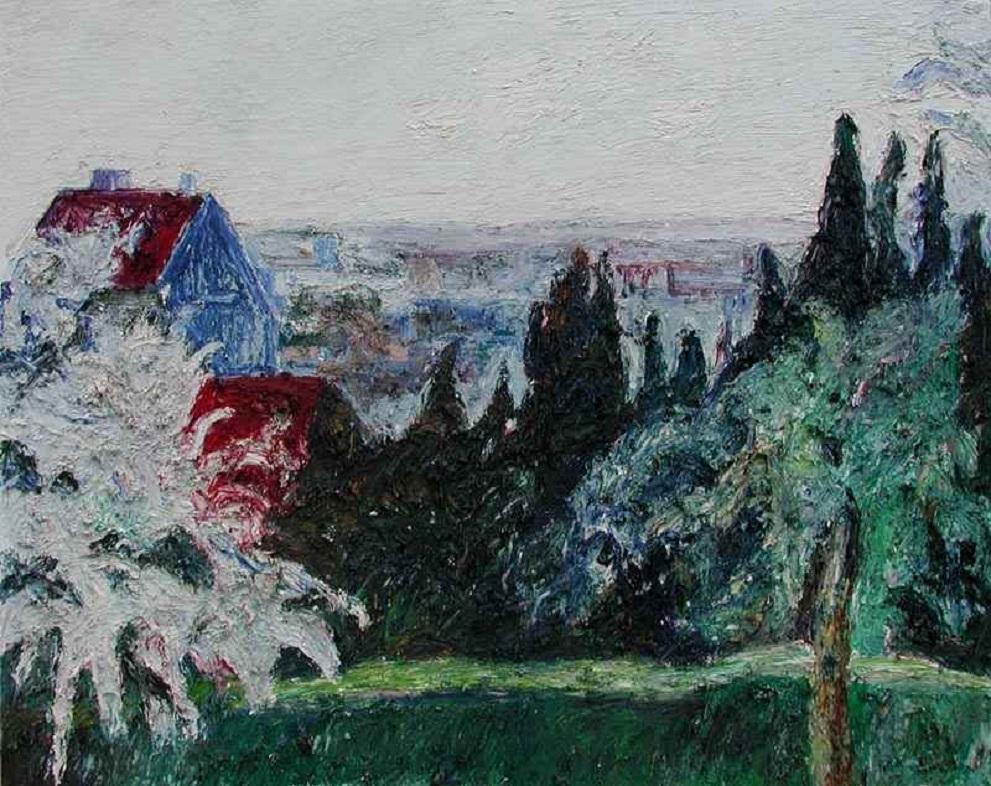 Hugues Claude Pissarro Figurative Painting - Pignon Bleu - Mareil by Hugues Pissarro dit Pomié, 1994 - Oil painting