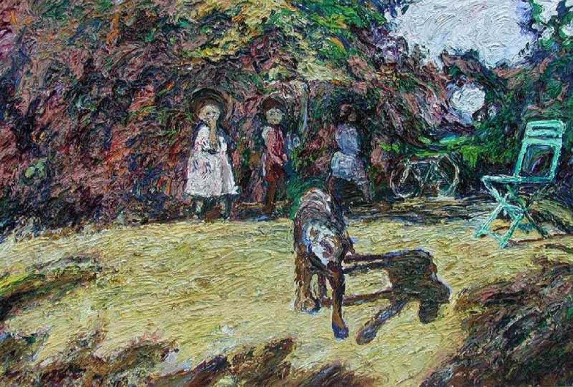 Hugues Claude Pissarro Landscape Painting – Un Chien une Chaise et les Gamins-Terrasse von Hugues Pissarro – Ölgemälde