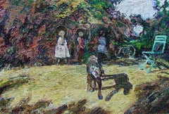 Vintage Un Chien une Chaise et les Gamins-Terrasse by Hugues Pissarro - Oil Painting