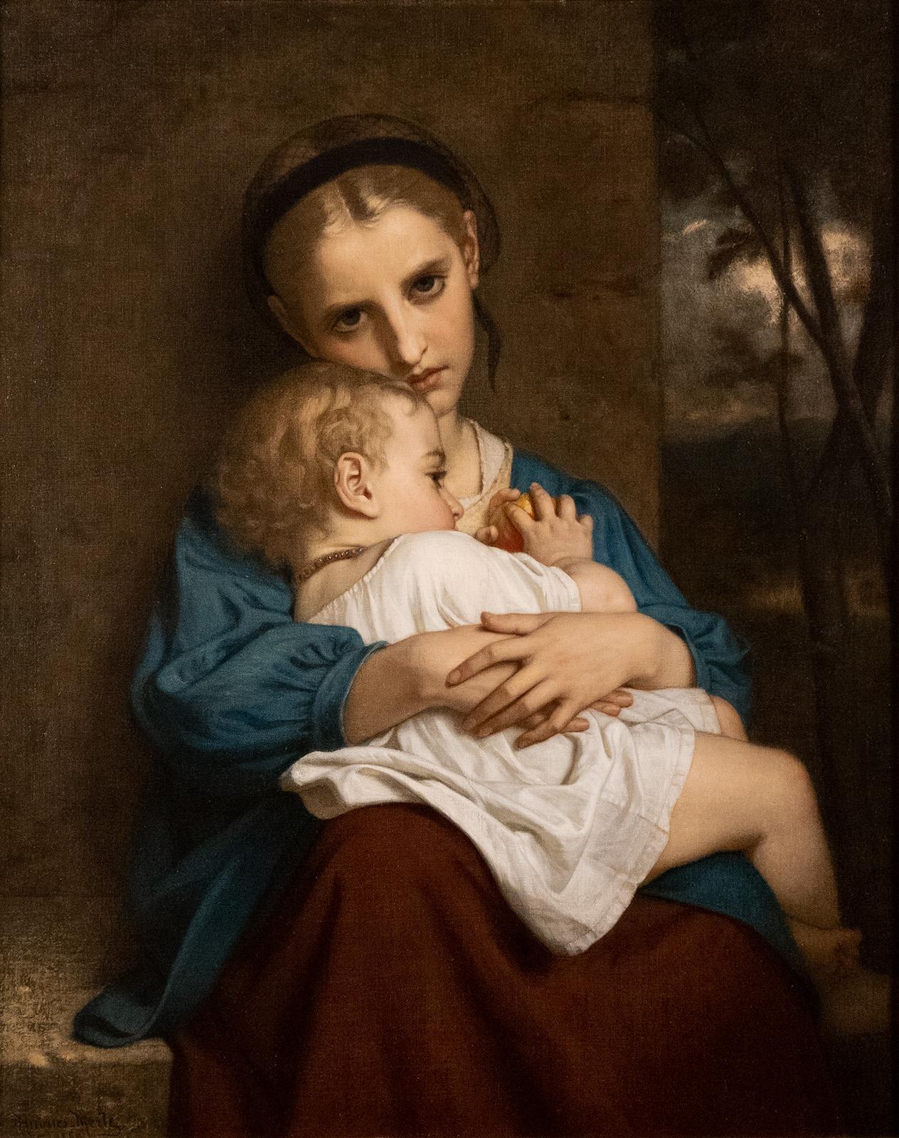 Hugues Merle (francese, 1823-1881) fu molto acclamato durante la sua vita per le sue rappresentazioni altamente rifinite della vita familiare, dei soggetti storici e delle emozioni dei francesi meno fortunati, in particolare delle donne lavoratrici.