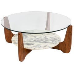 Table basse Poignant de Hugues en bois de rose, verre et marbre, 1970