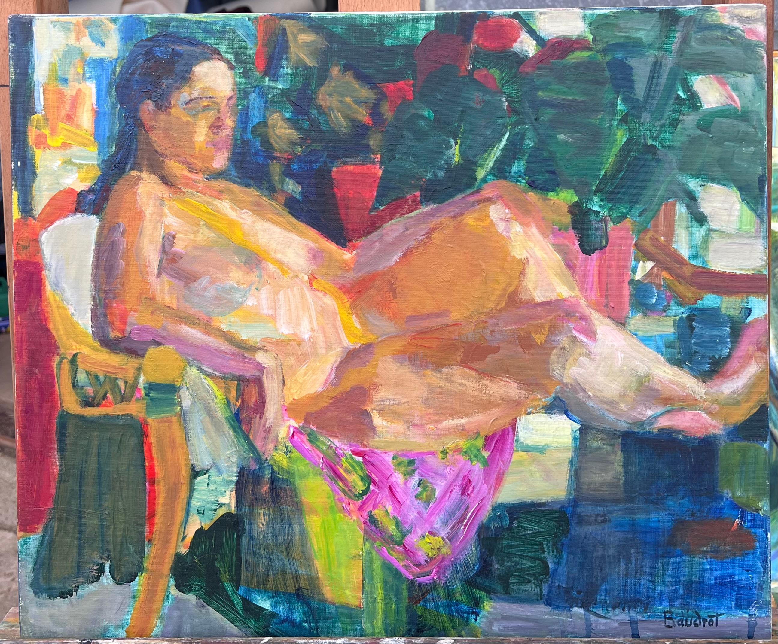 Portrait post-impressionniste français du 20e siècle d'une dame dans un intérieur coloré - Painting de Huguette Baudrot