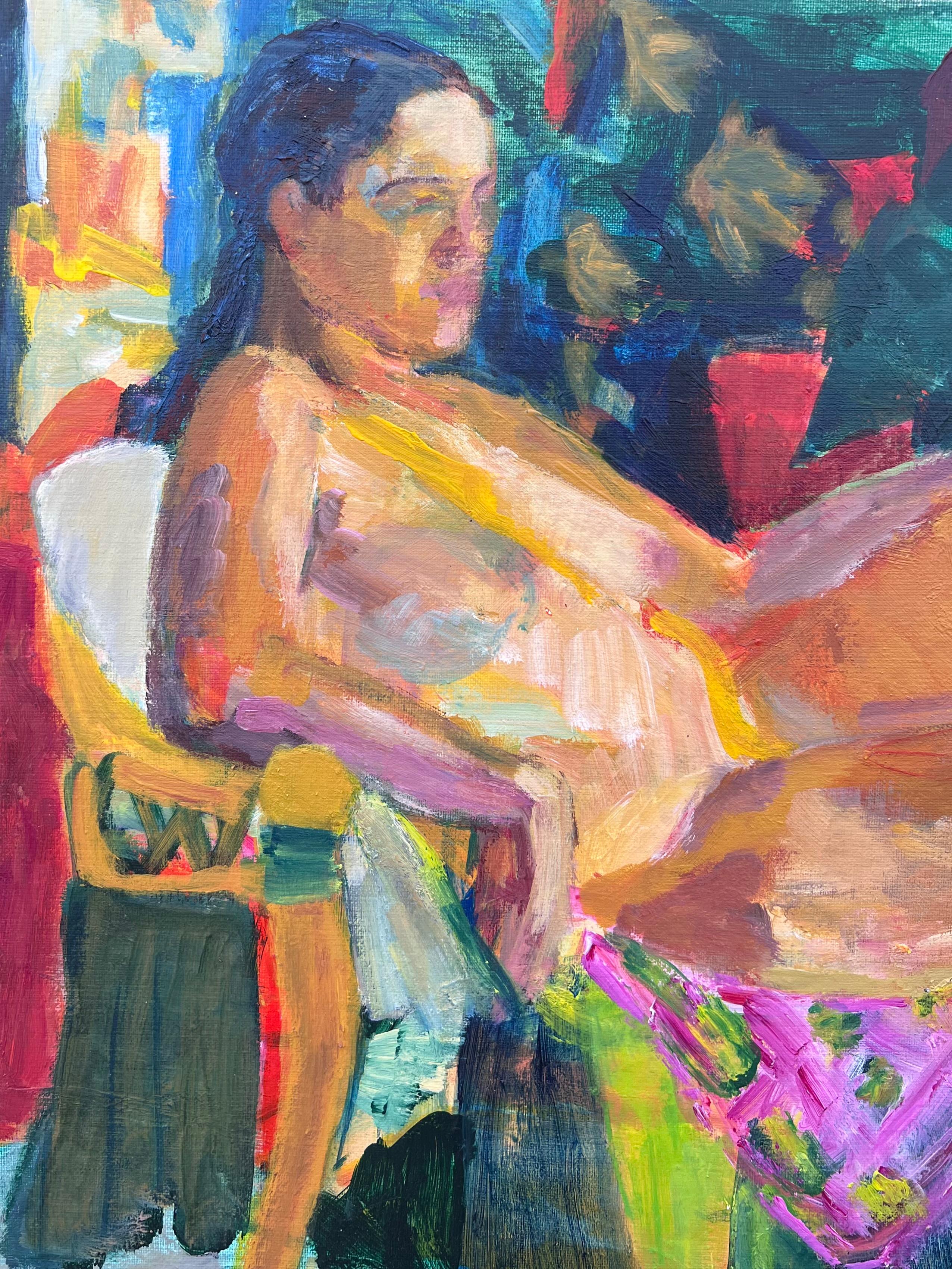 Portrait post-impressionniste français du 20e siècle d'une dame dans un intérieur coloré - Post-impressionnisme Painting par Huguette Baudrot