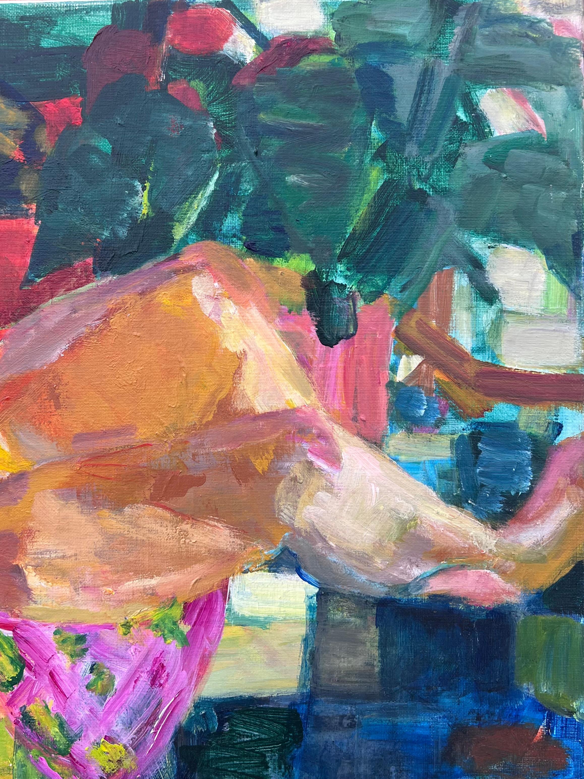 Portrait post-impressionniste français du 20e siècle d'une dame dans un intérieur coloré - Marron Figurative Painting par Huguette Baudrot