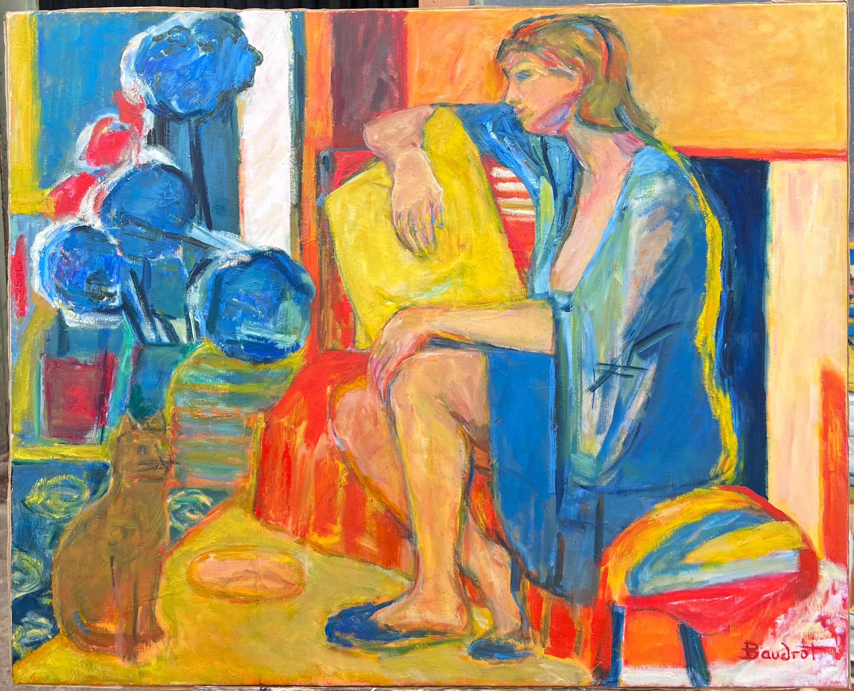Huge 20th Century French Modernist Interior Scene Lady & Cat Matisse Inspired - Painting by Huguette Baudrot
