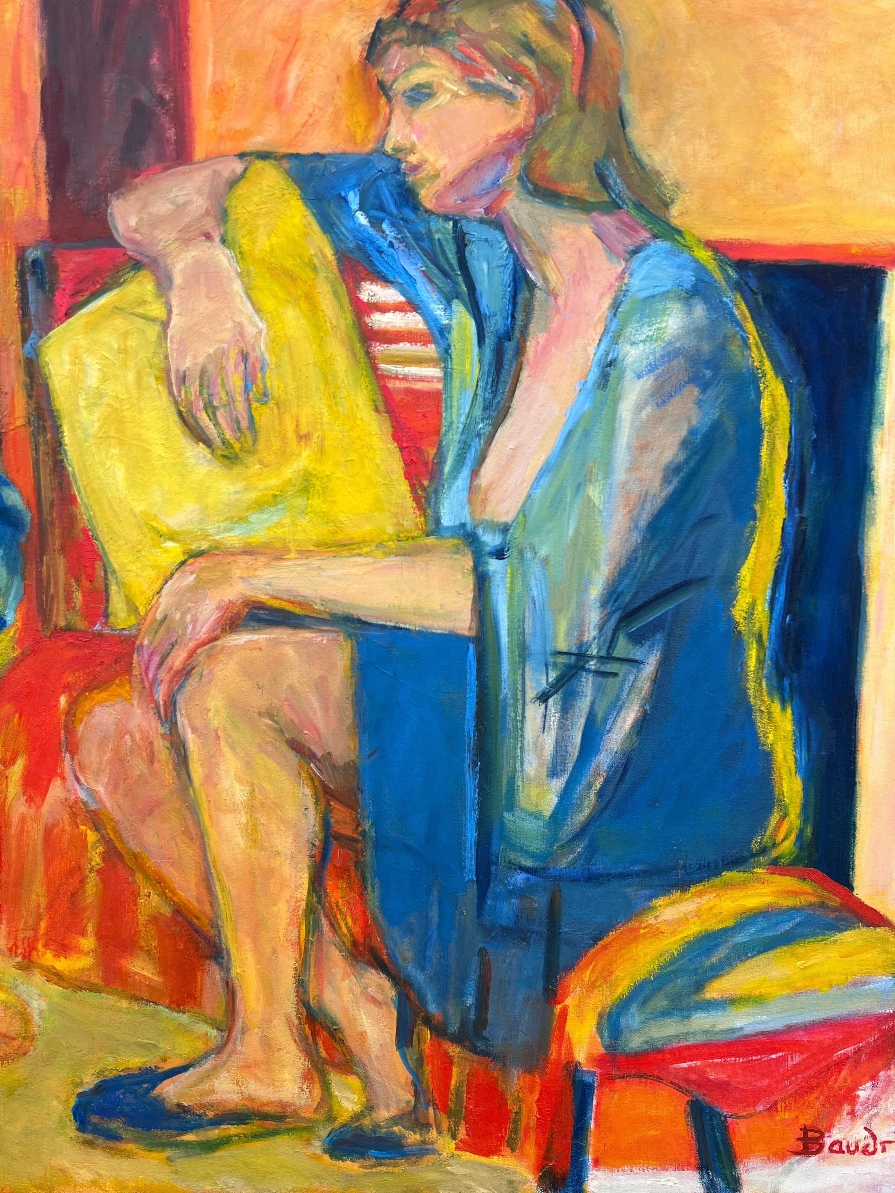 Huge 20th Century French Modernist Interior Scene Lady & Cat Matisse Inspired - Post-Impressionist Painting by Huguette Baudrot